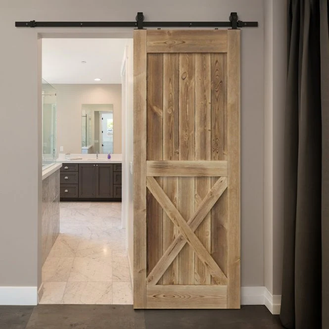 Carbonised Internal Pine 1 Panel X Brace Sliding Barn Door - Black Top Mounted