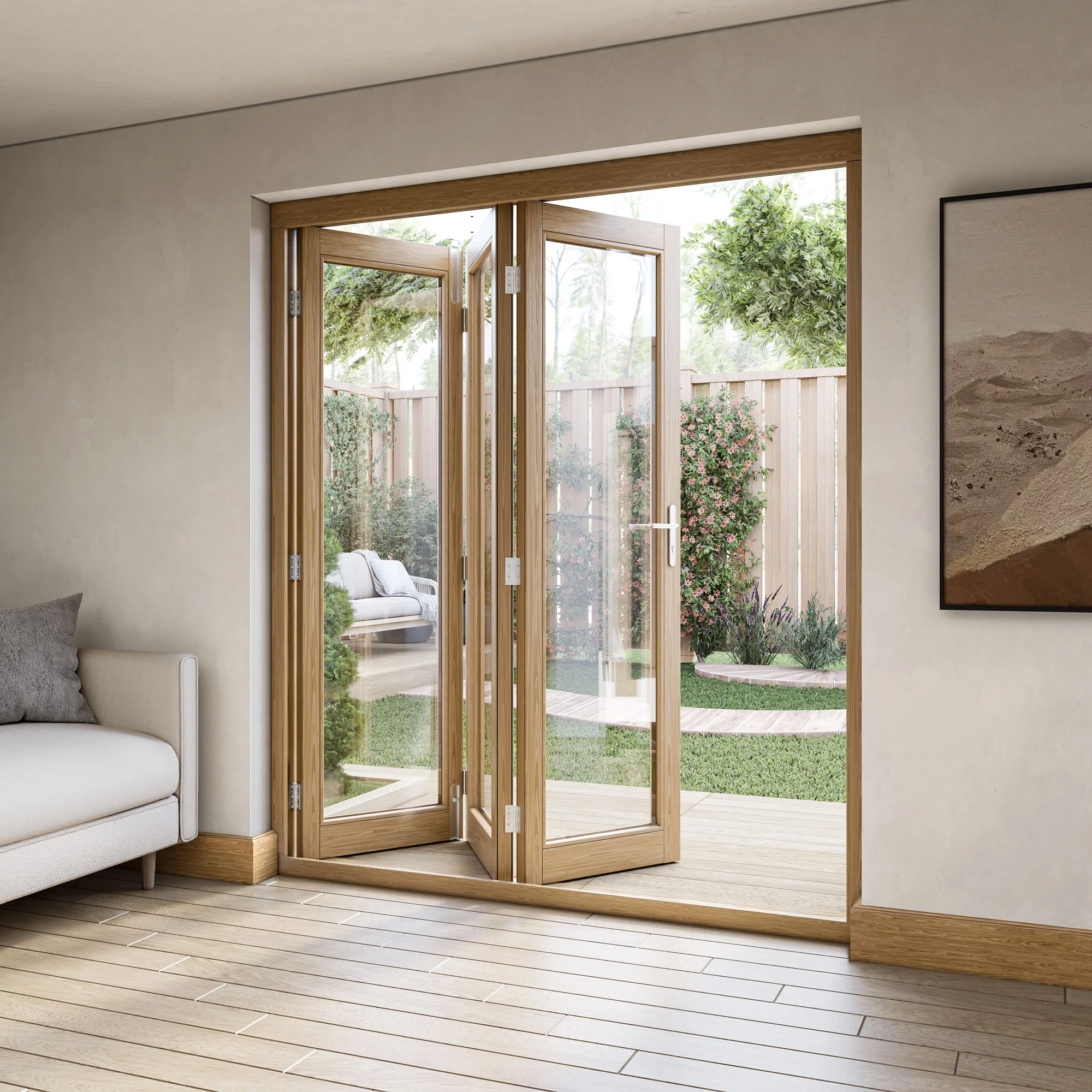 Oak External Fully Finished External Folding Patio Door Set 3+0 - Image 5