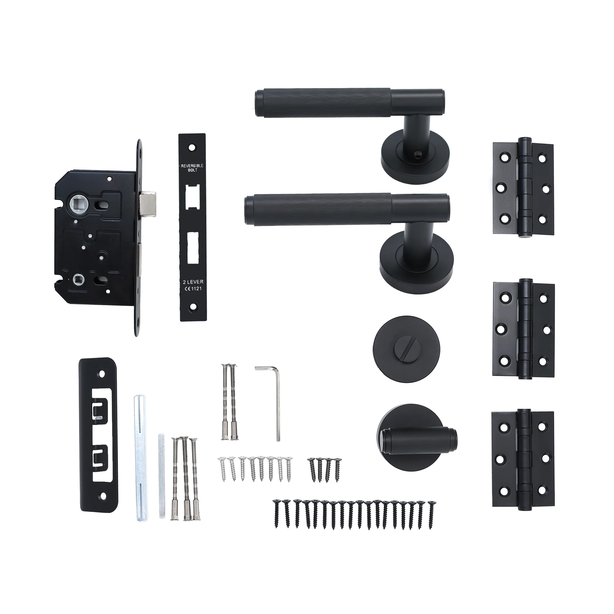 Fluted Lever on Round Rose Bathroom Door Handle Set - Matt Black