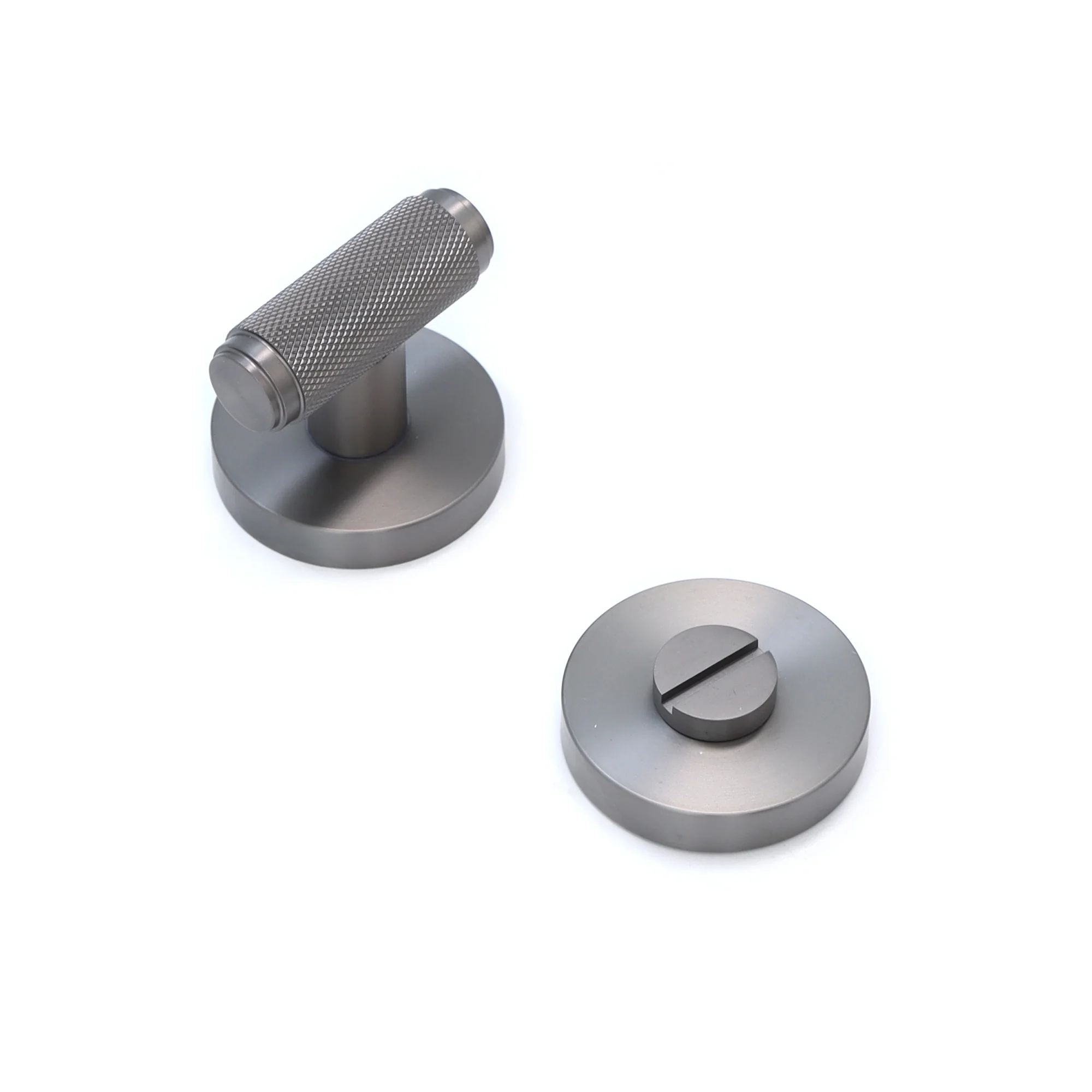 Knurled Lever on Round Rose Bathroom Door Handle Set - Gun Metal - Image 3