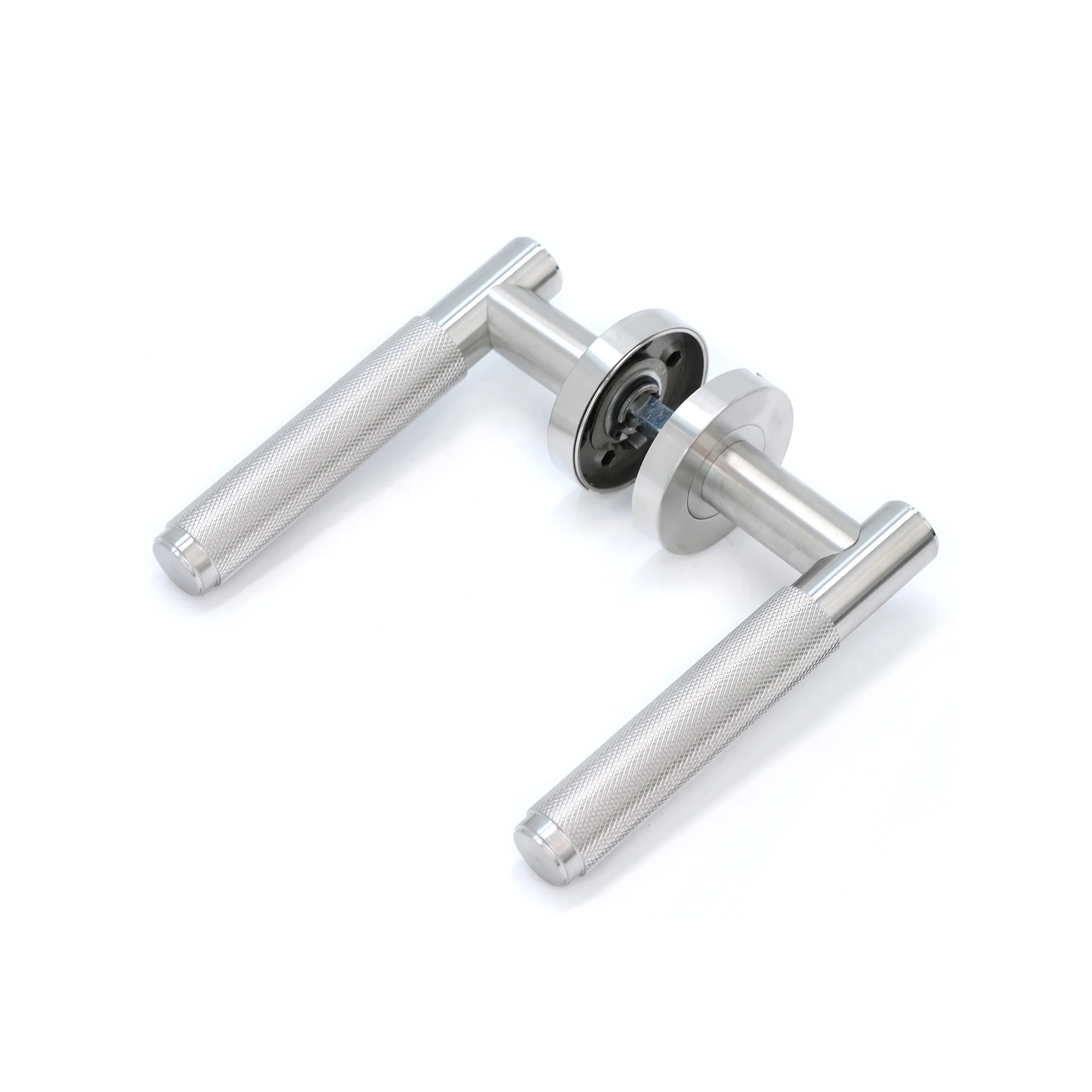 Knurled Lever on Round Rose Door Handle Set - Satin Stainless Steel - Image 10