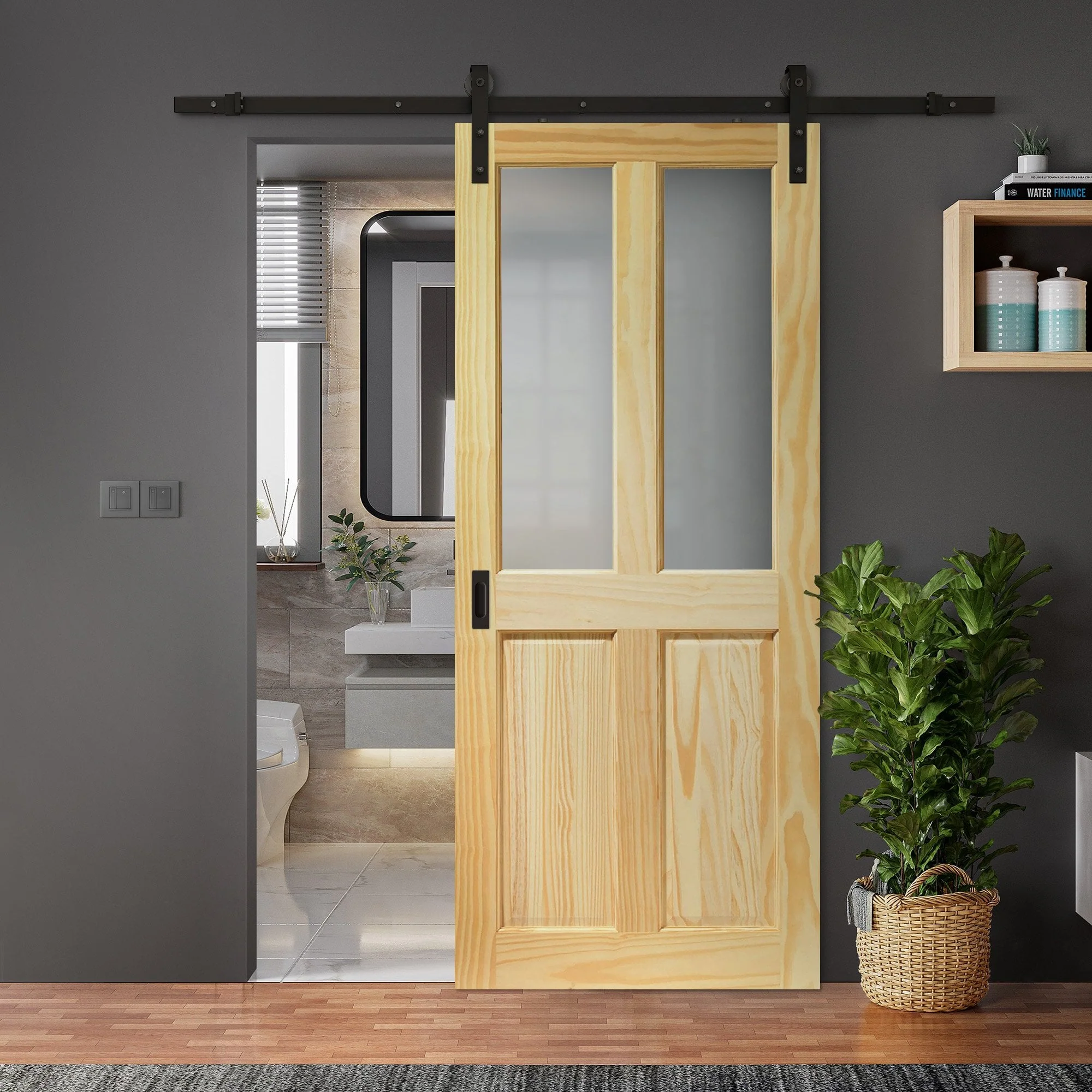Clear Pine Internal Unfinished 2 Panel 2 Light Obscure Glass Sliding Door - Black Face Mounted
