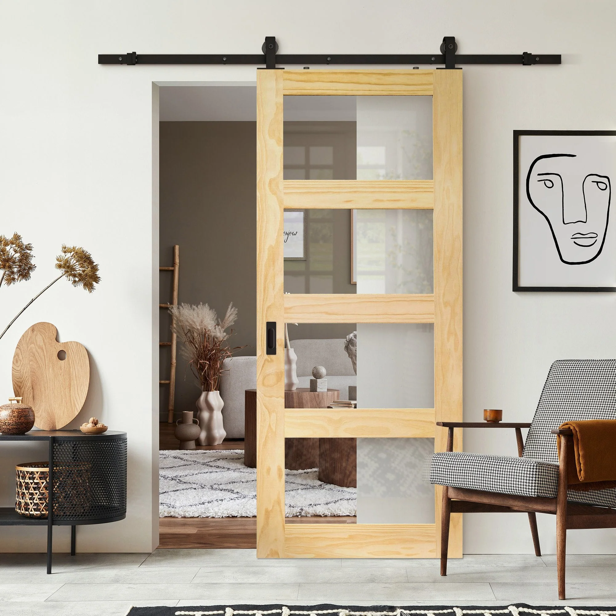 Clear Pine Internal Unfinished Shaker 4 Light Clear Glass Sliding Door - Black Top Mounted