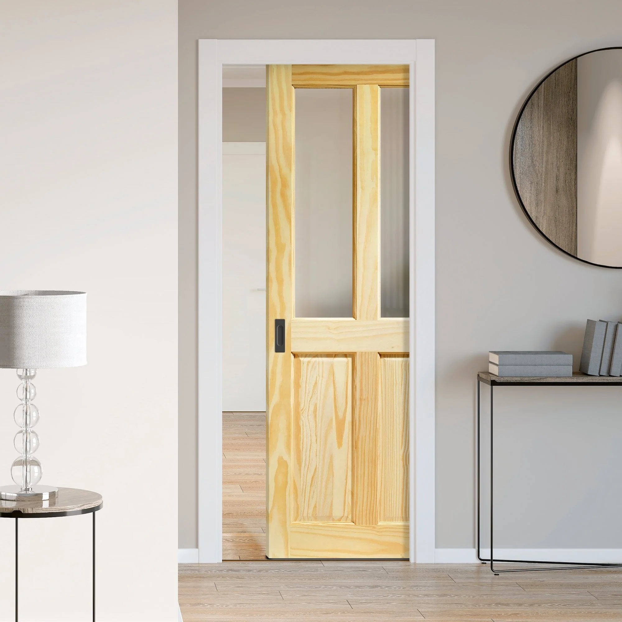 Clear Pine Unfinished Internal 2 Panel 2 Light Obscure Glass Framed 100mm Pocket Door Set