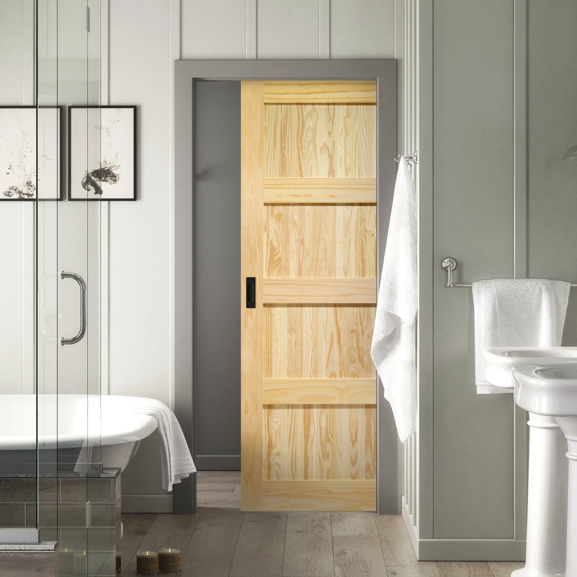 Clear Pine Unfinished Internal Shaker 4 Panel Framed 100mm Pocket Door Set (123190)