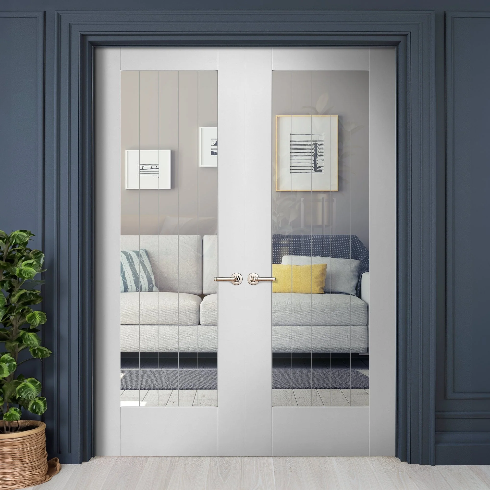Internal White Primed Cottage 1 Light Clear Glass with Obscure Lines French Door (121407)