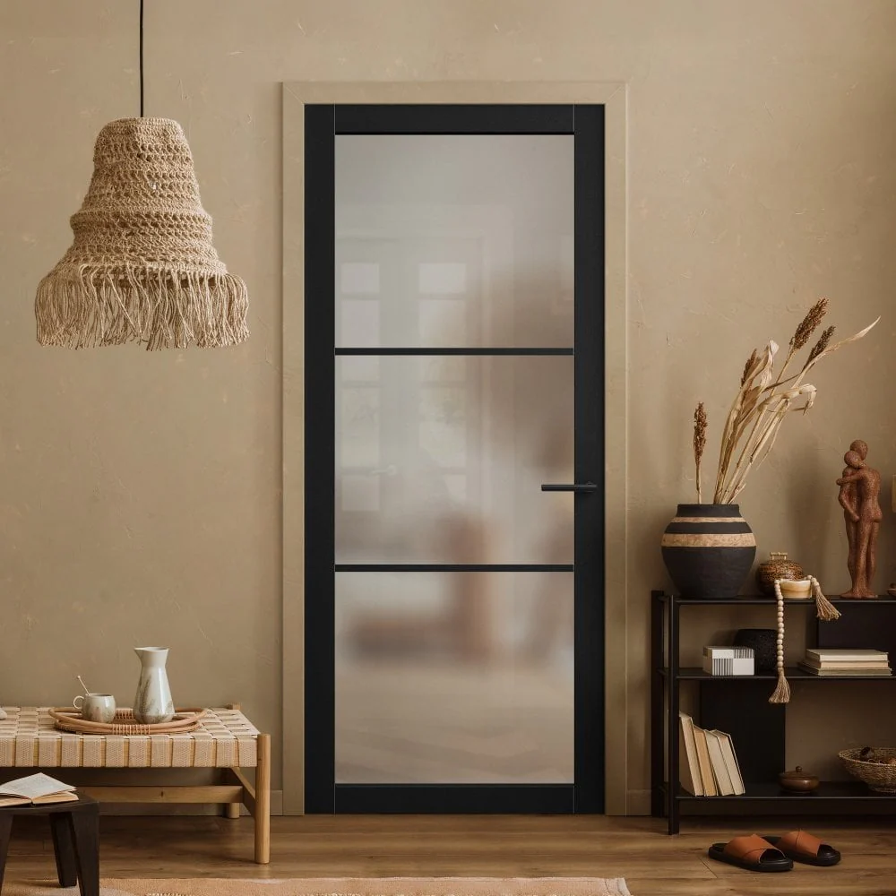 Jet Black Internal Fully Finished 3 Light Obscure Glass Industrial Studio Door