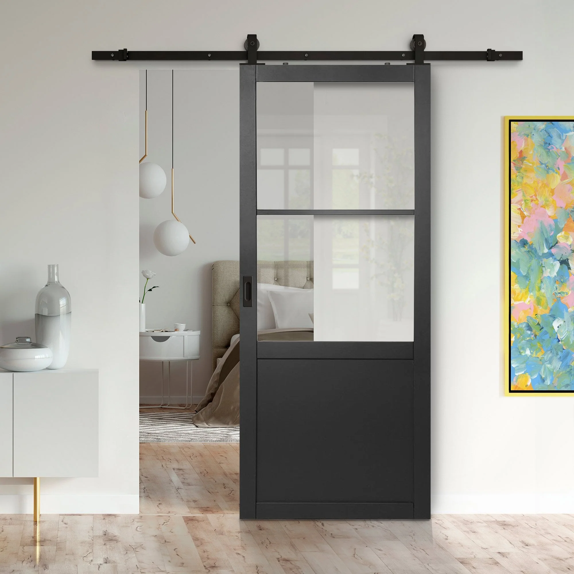 Jet Black Internal Fully Finished Industrial Studio 1 Panel 2 Light Clear Glass Door - Black Top Mounted
