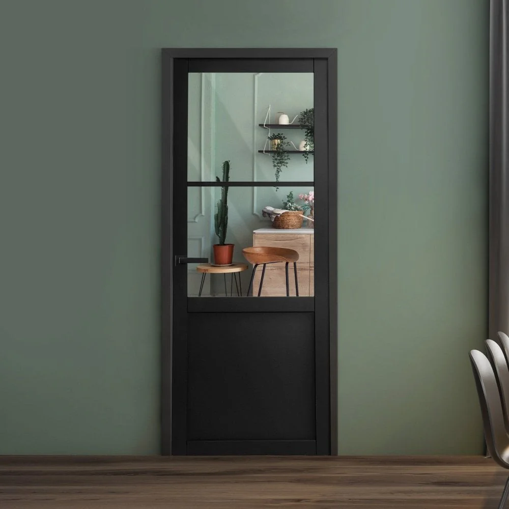 Jet Internal Black Fully Finished 1 Panel 2 Light Clear Glass Industrial Studio Door