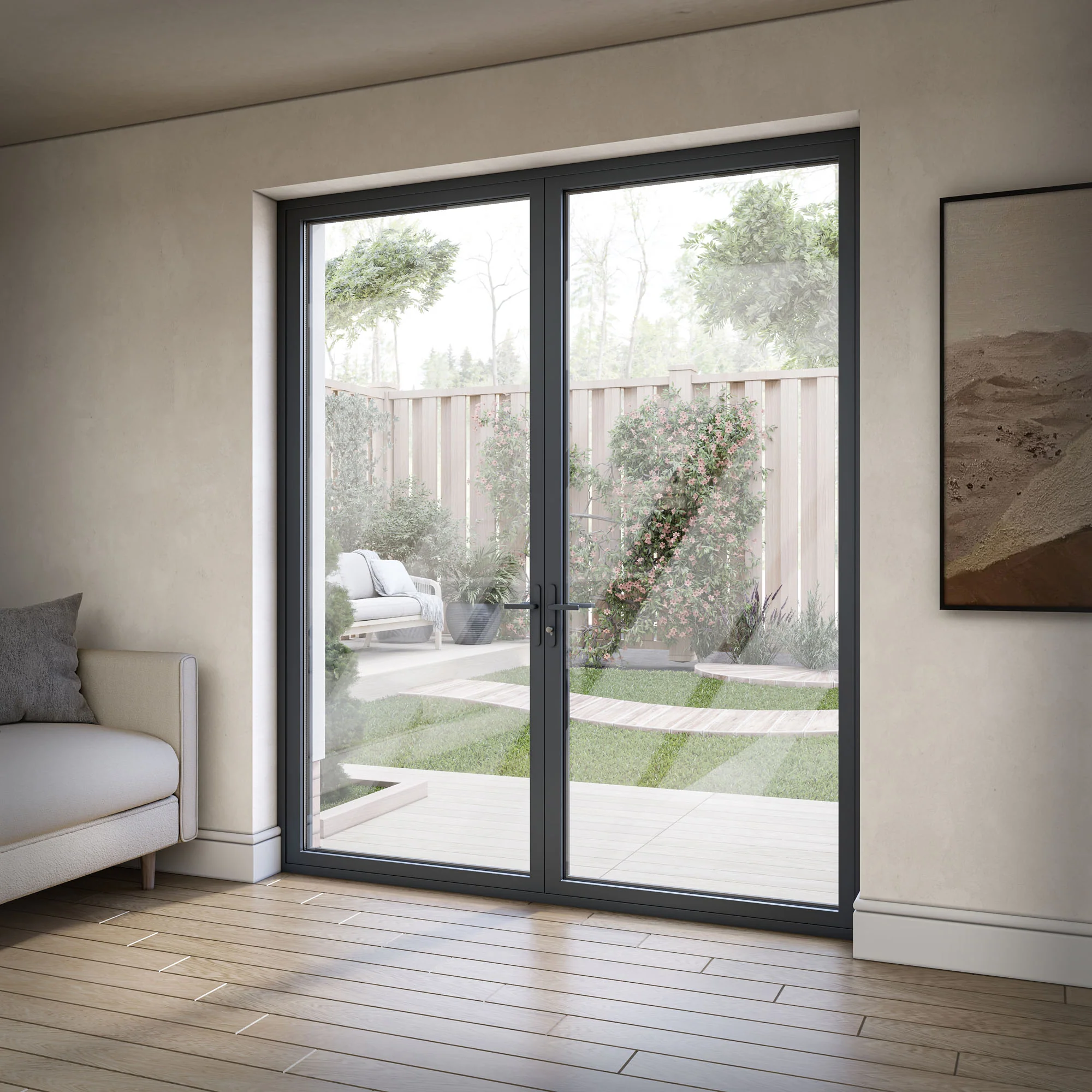 Matt Grey Aluminium External Clear Glass French Patio Door - Image 3