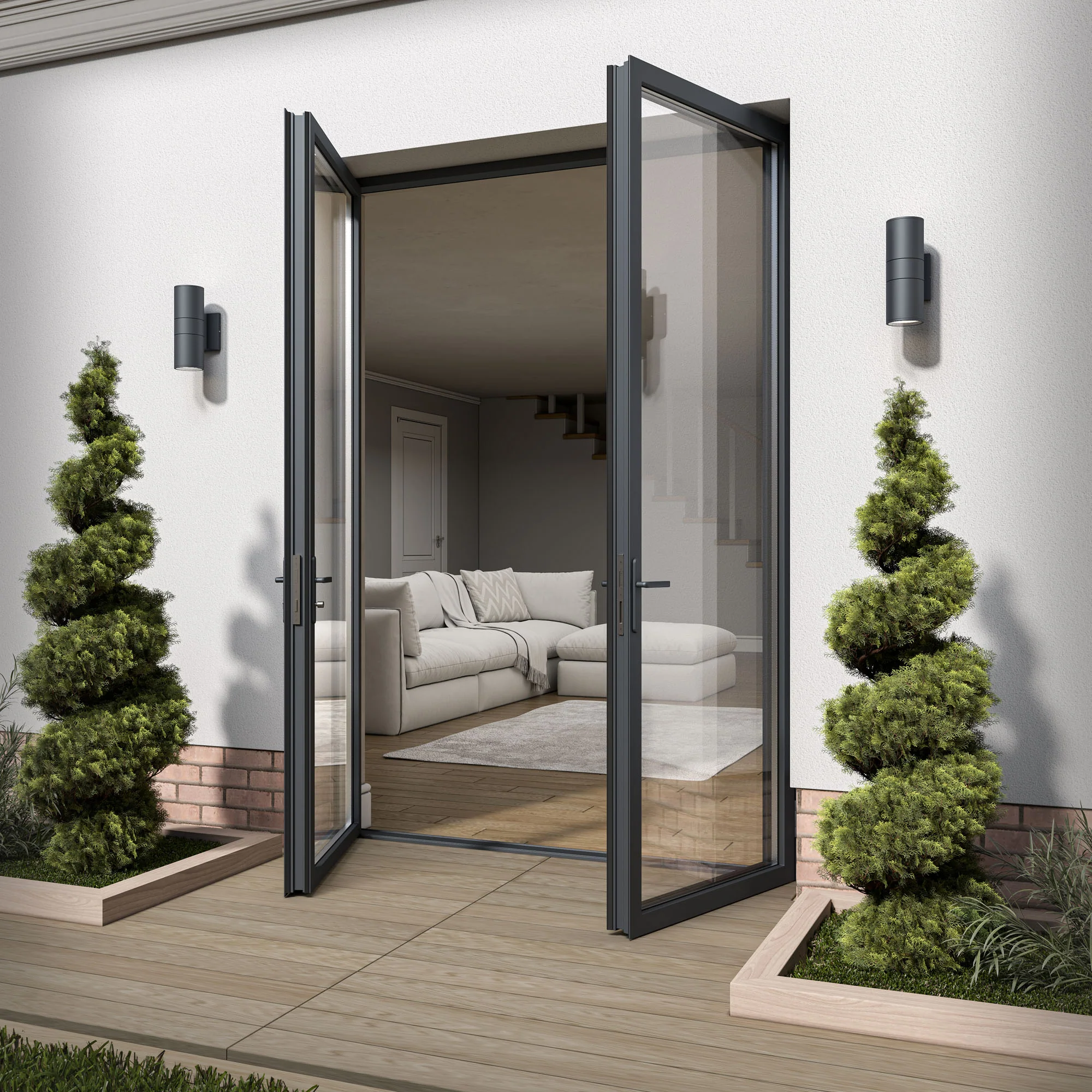 Matt Grey Aluminium External Clear Glass French Patio Door - Image 6