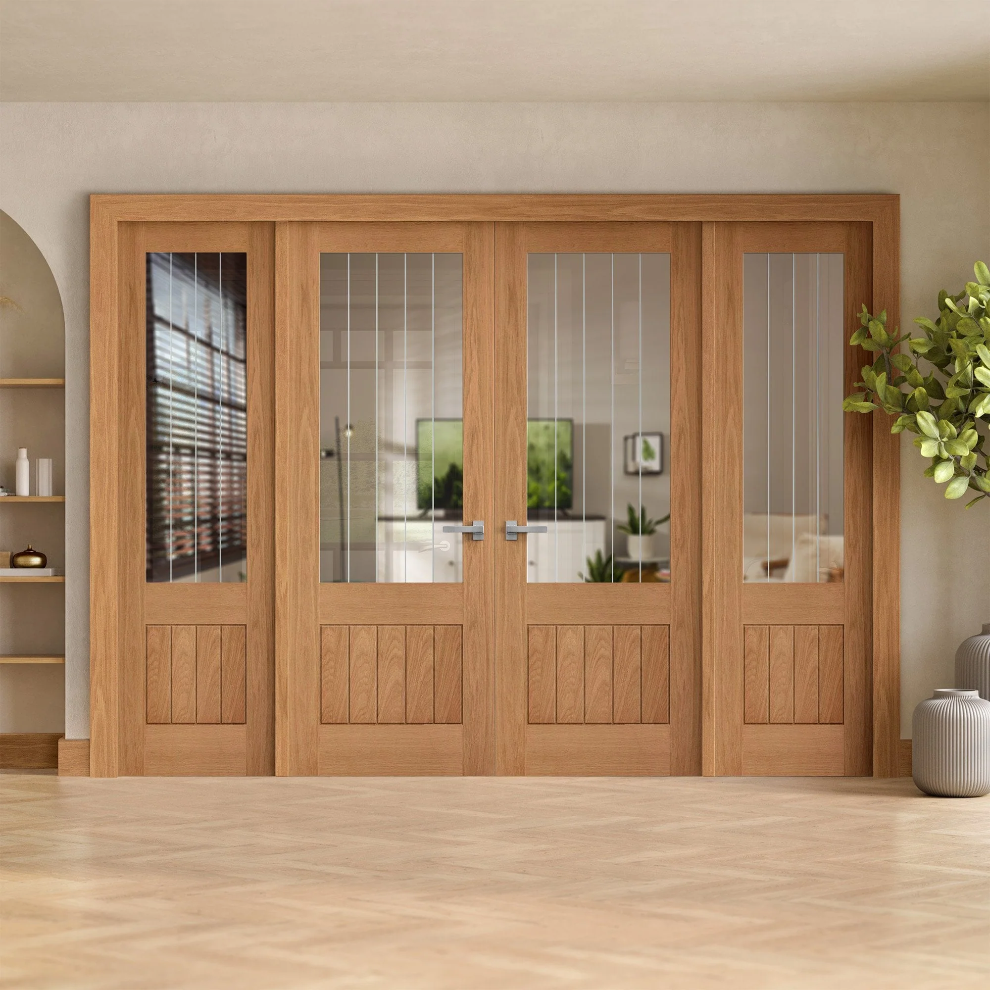 Oak Fully Finished Internal Farley 1P 1L Obscure Lined Clear Glass Sidelight Room Divider Set