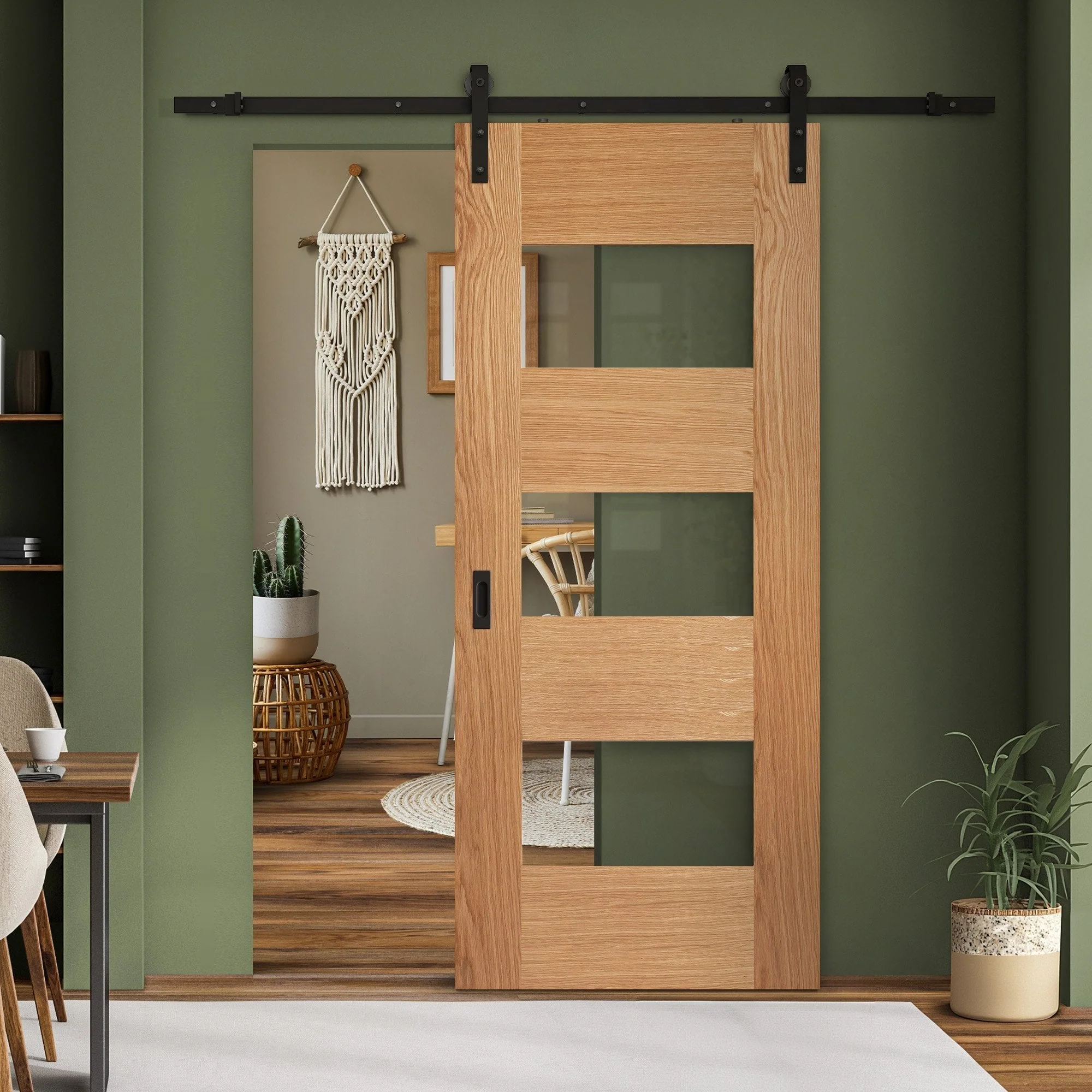 Oak Internal Fully Finished Edison 7 Panel 3 Light Clear Glass Sliding Door - Black Face Mounted - Image 2