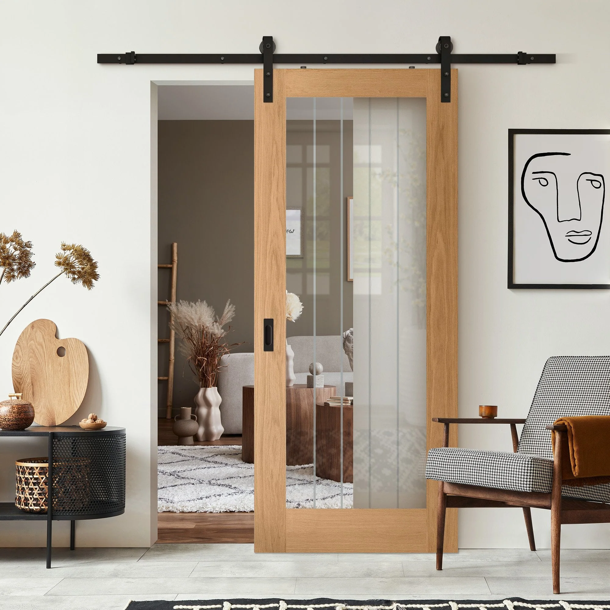 Oak Internal Fully Finished Farley 1 Light Obscure Lined Clear Glass Sliding Door - Black Face Mounted