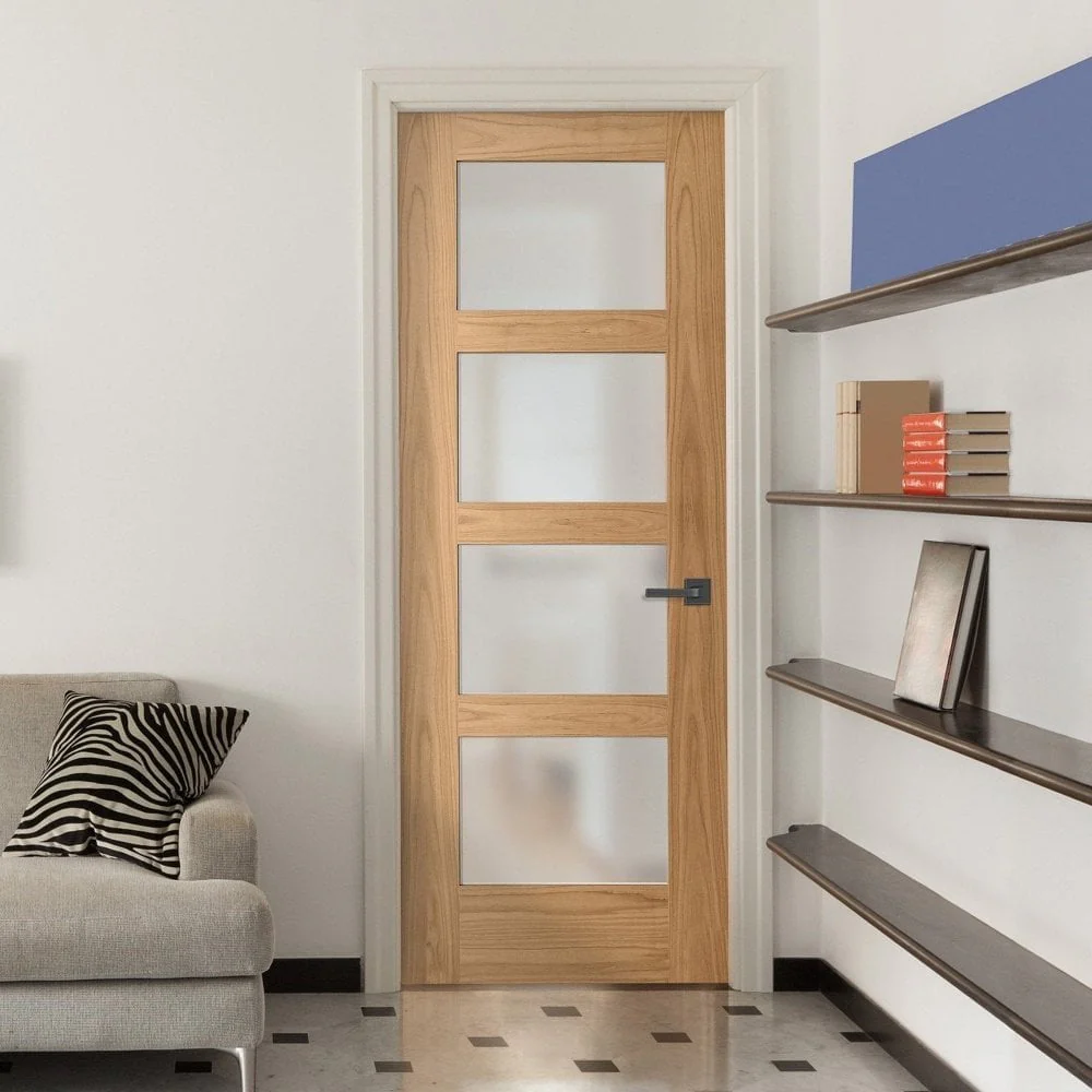 Oak Internal Fully Finished Shaker 4 Light Obscure Glass Made-to-Measure FD30 Fire Door