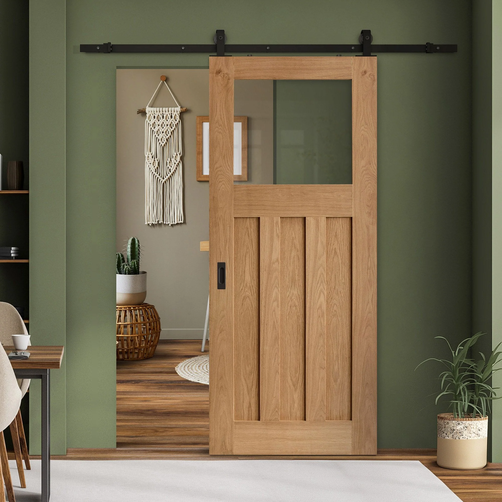 Oak Internal Unfinished 1930's DX 3 Panel 1 Light Clear Glass Sliding Door - Black Top Mounted