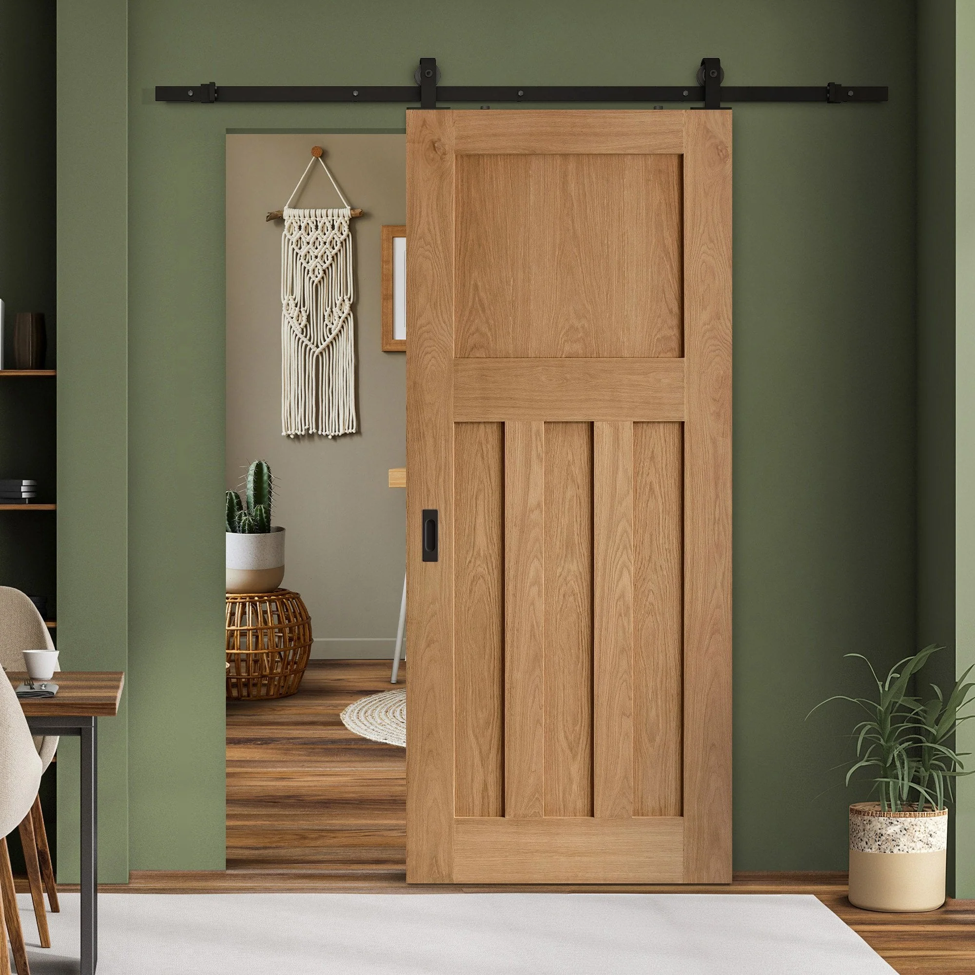 Oak Internal Unfinished 1930's DX 4 Panel Sliding Door - Black Top Mounted