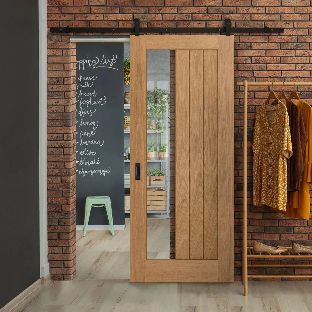 Oak Internal Unfinished Farley 1 Light Clear Offset Glass Sliding Door - Black Top Mounted