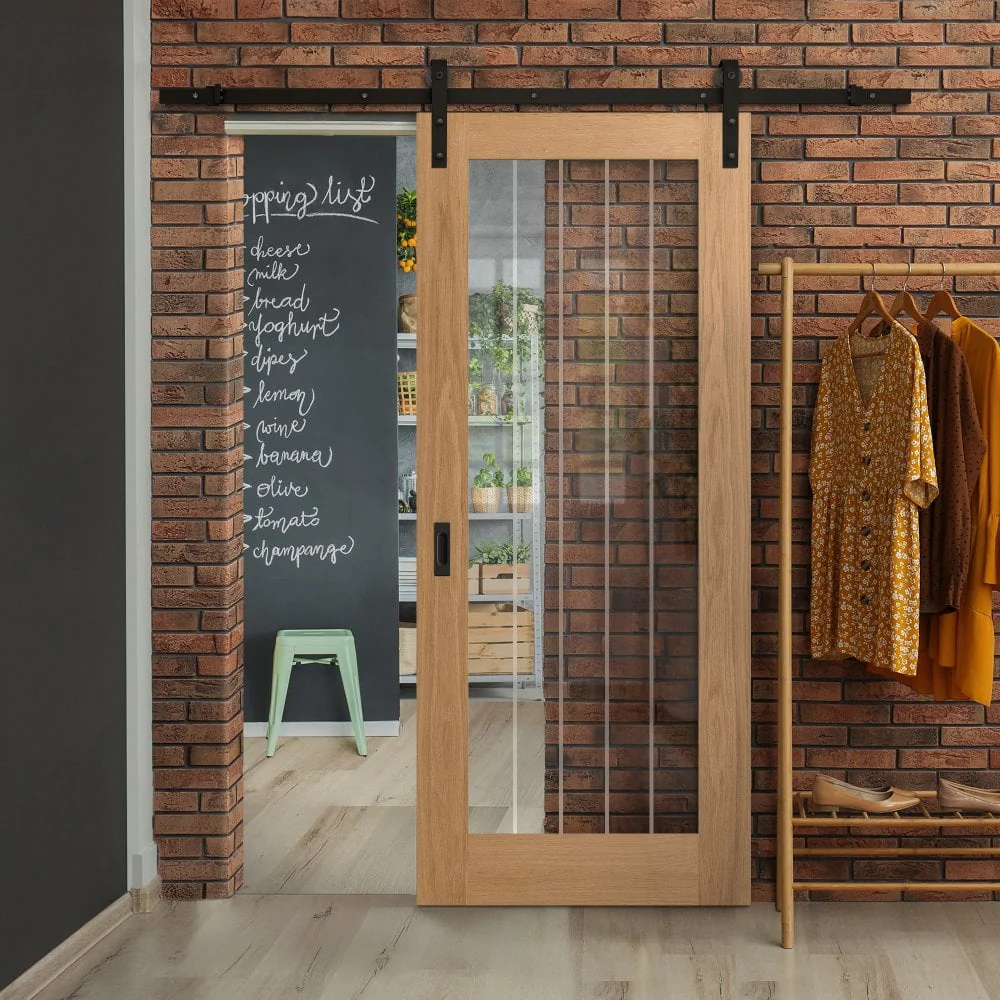 Oak Internal Unfinished Farley 1 Light Obscure Lined Clear Glass Sliding Door - Black Face Mounted