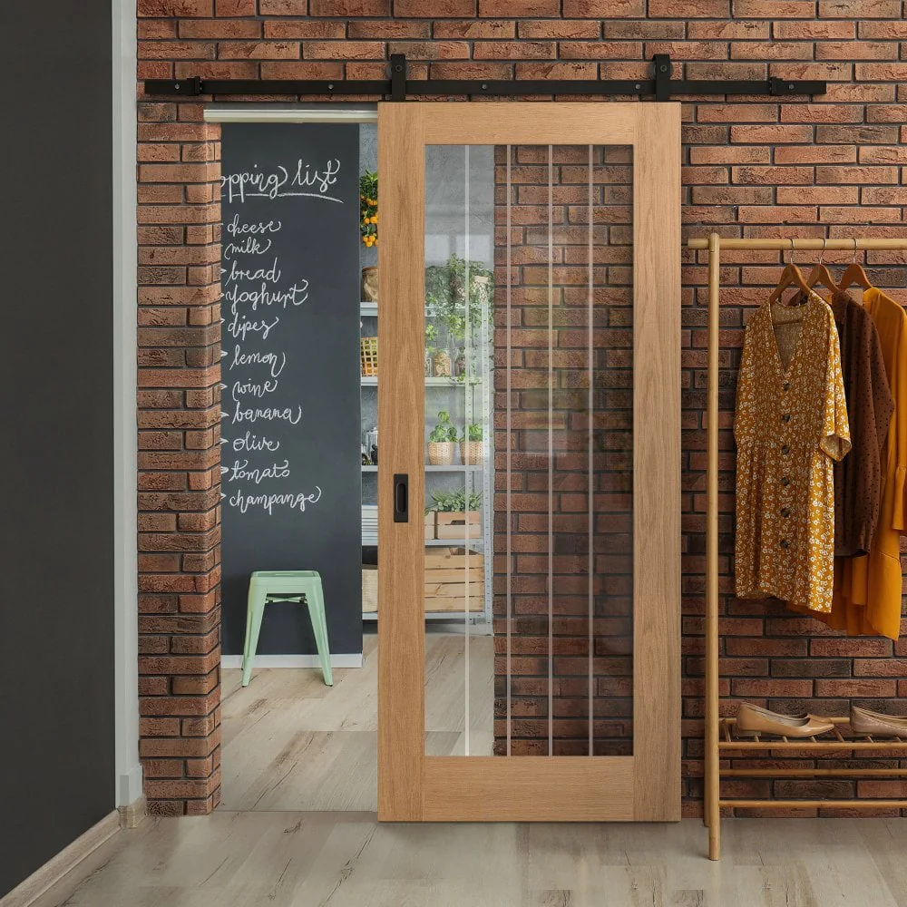 Oak Internal Unfinished Farley 1 Light Obscure Lined Clear Glass Sliding Door - Black Top Mounted