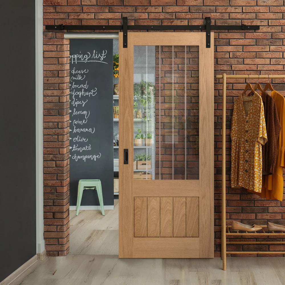Oak Internal Unfinished Farley 1 Panel 1 Light Obscure Lined Clear Glass Sliding Door - Black Face Mounted