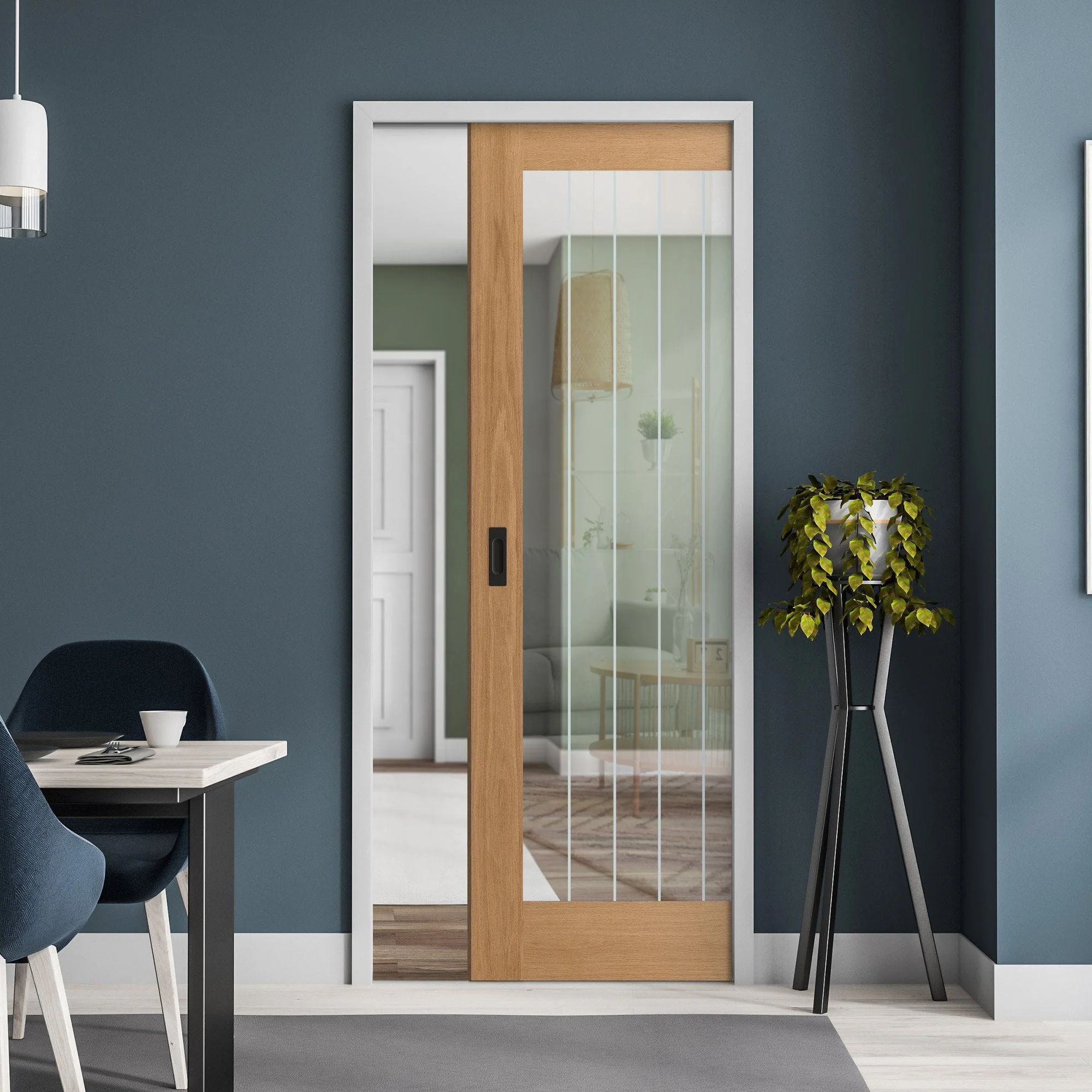 Oak Unfinished Farley 1 Light Obscure Lined Clear Glass Framed 100mm Pocket Door Set (123208)
