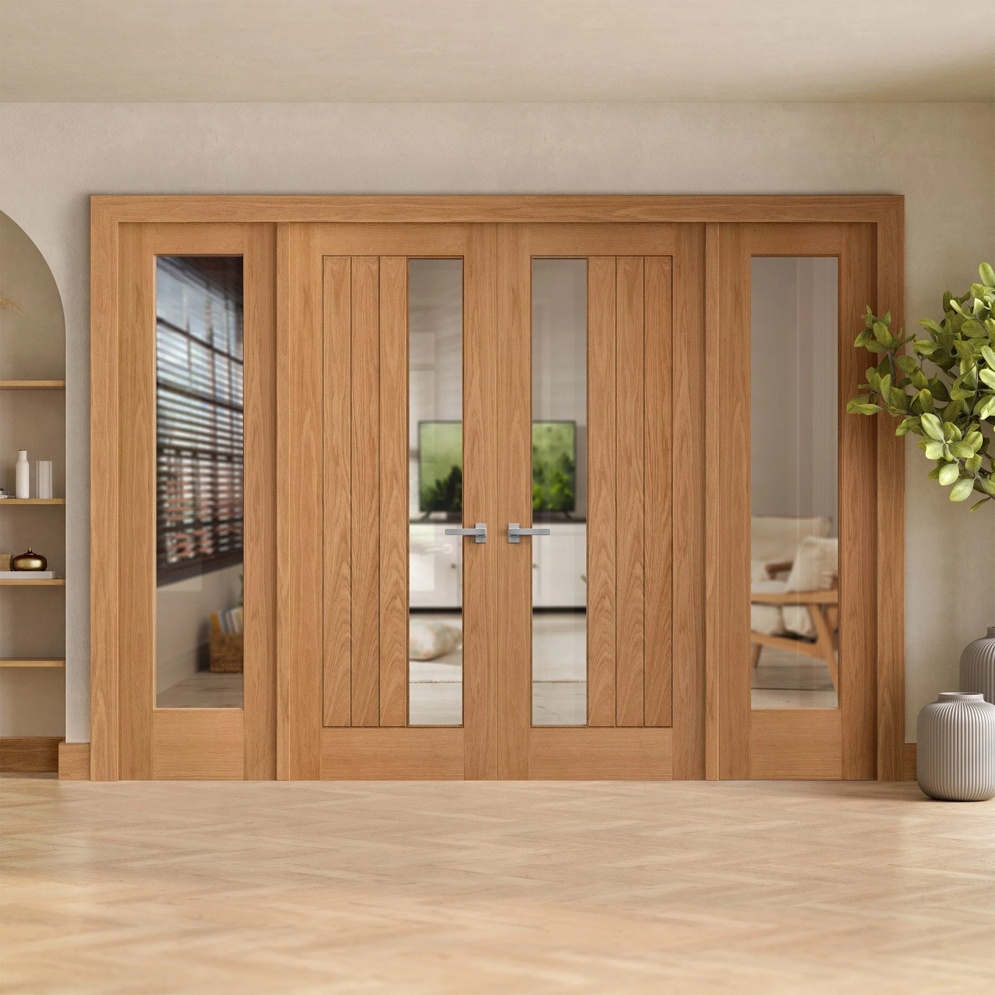 Oak Unfinished Internal Farley 1L Clear Offset Glass Sidelight Room Divider Set