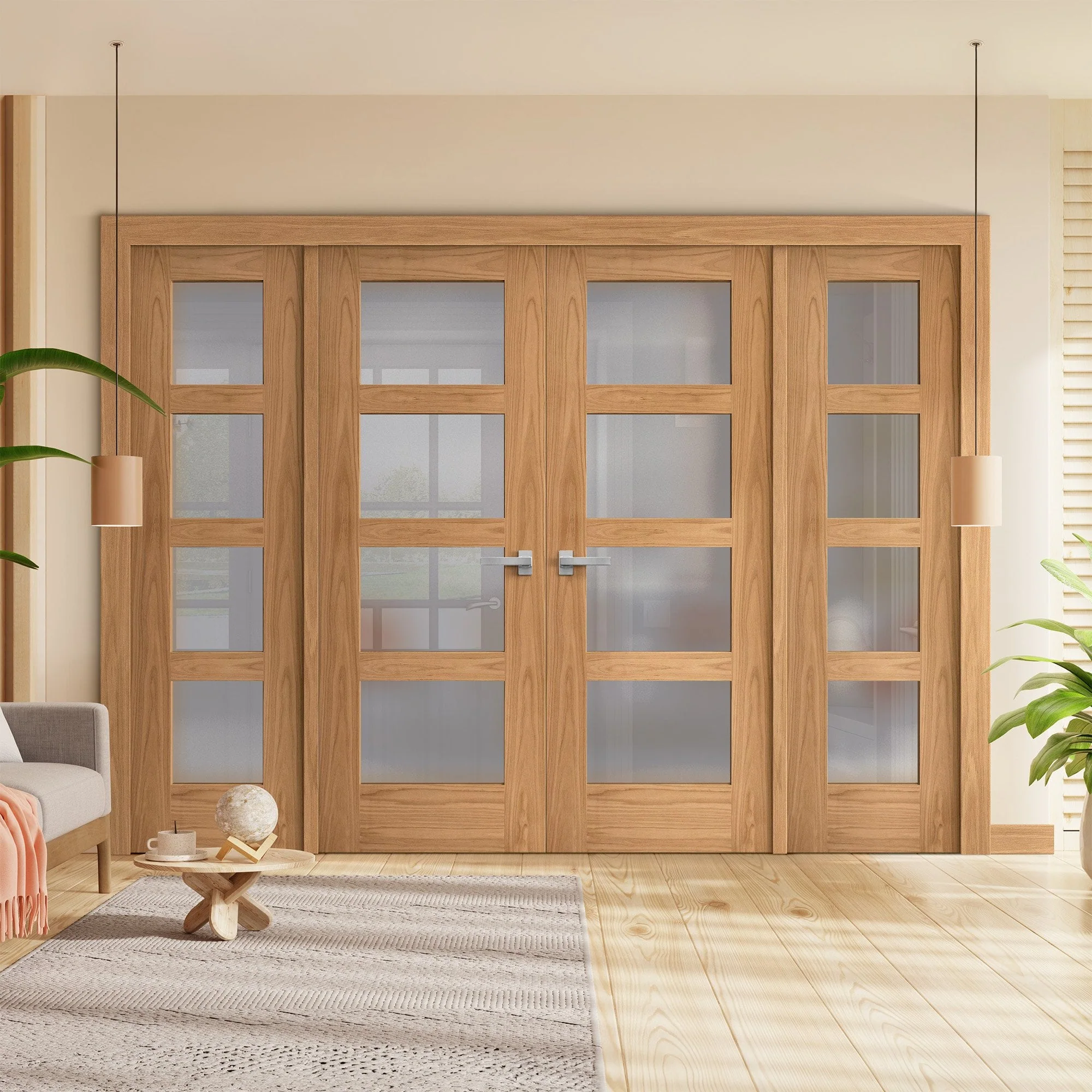 Oak Unfinished Internal Shaker 4L Obscure Glass Sidelight Room Divider Set