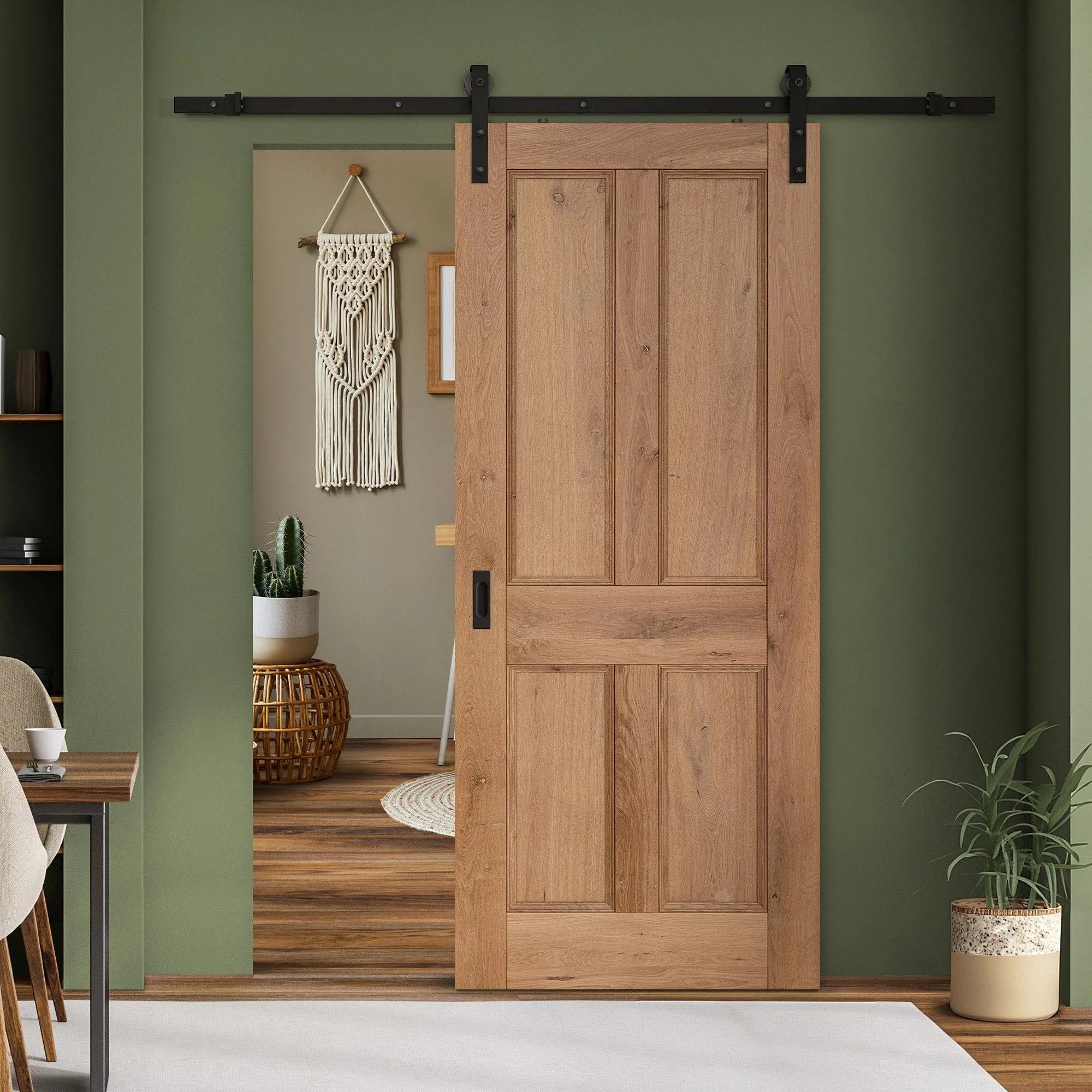 Rustic Oak Internal Fully Finished Victorian 4 Panel Sliding Door - Black Face Mounted
