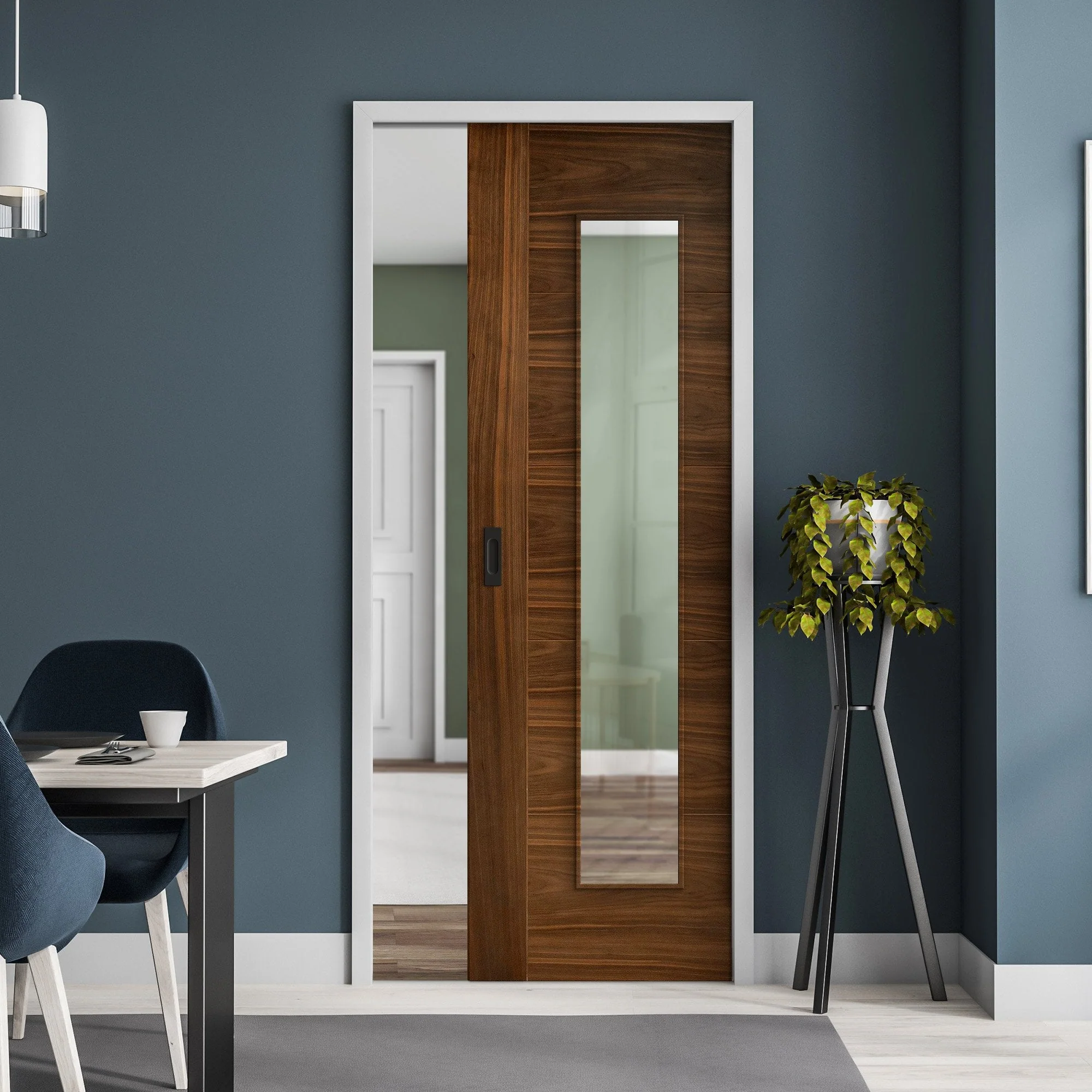Walnut Fully Finished Internal Milano 1 Light Clear Glass Framed 100mm Pocket Door Set (123229)