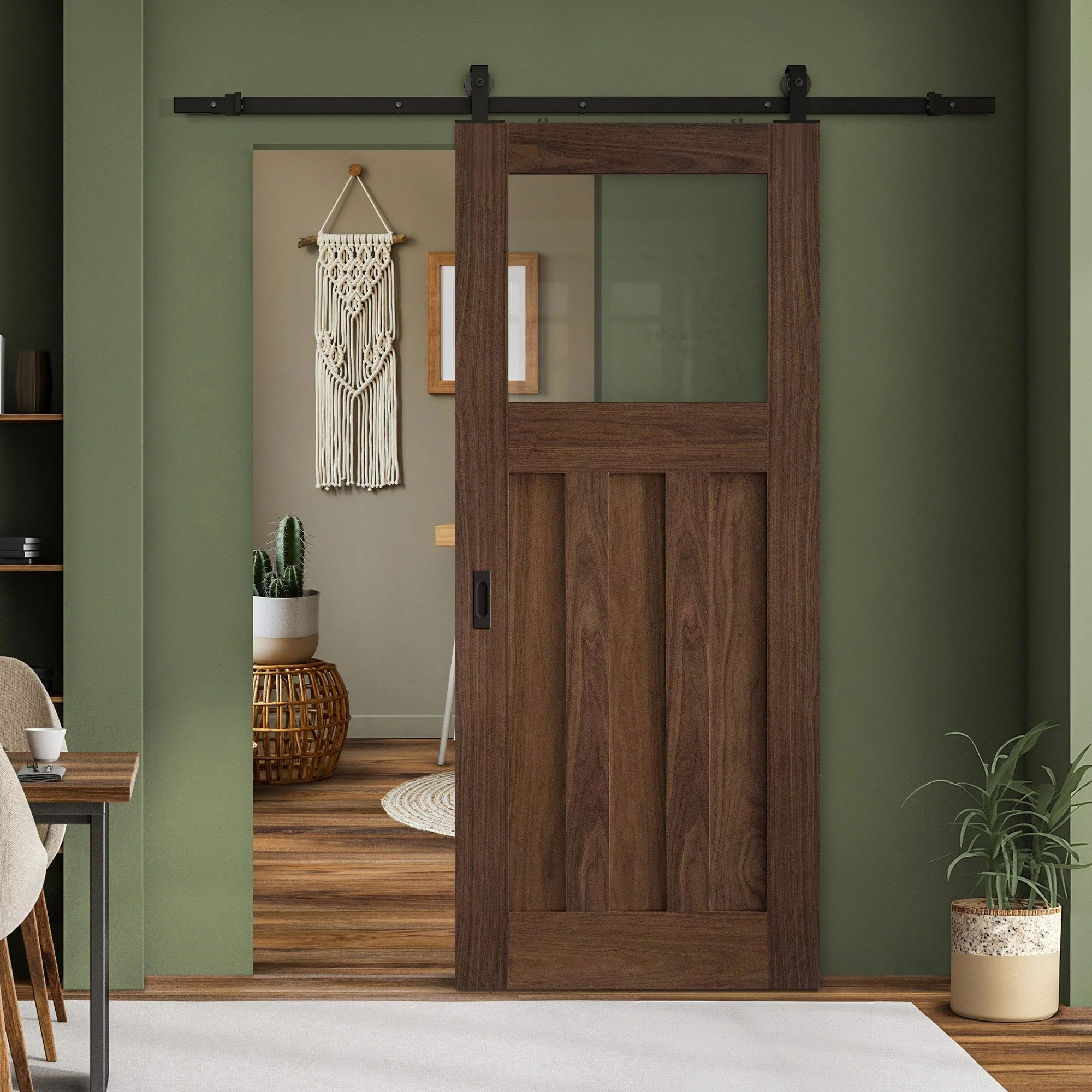 Walnut Internal Fully Finished Clear Glass DX Sliding Door - Black Top Mounted