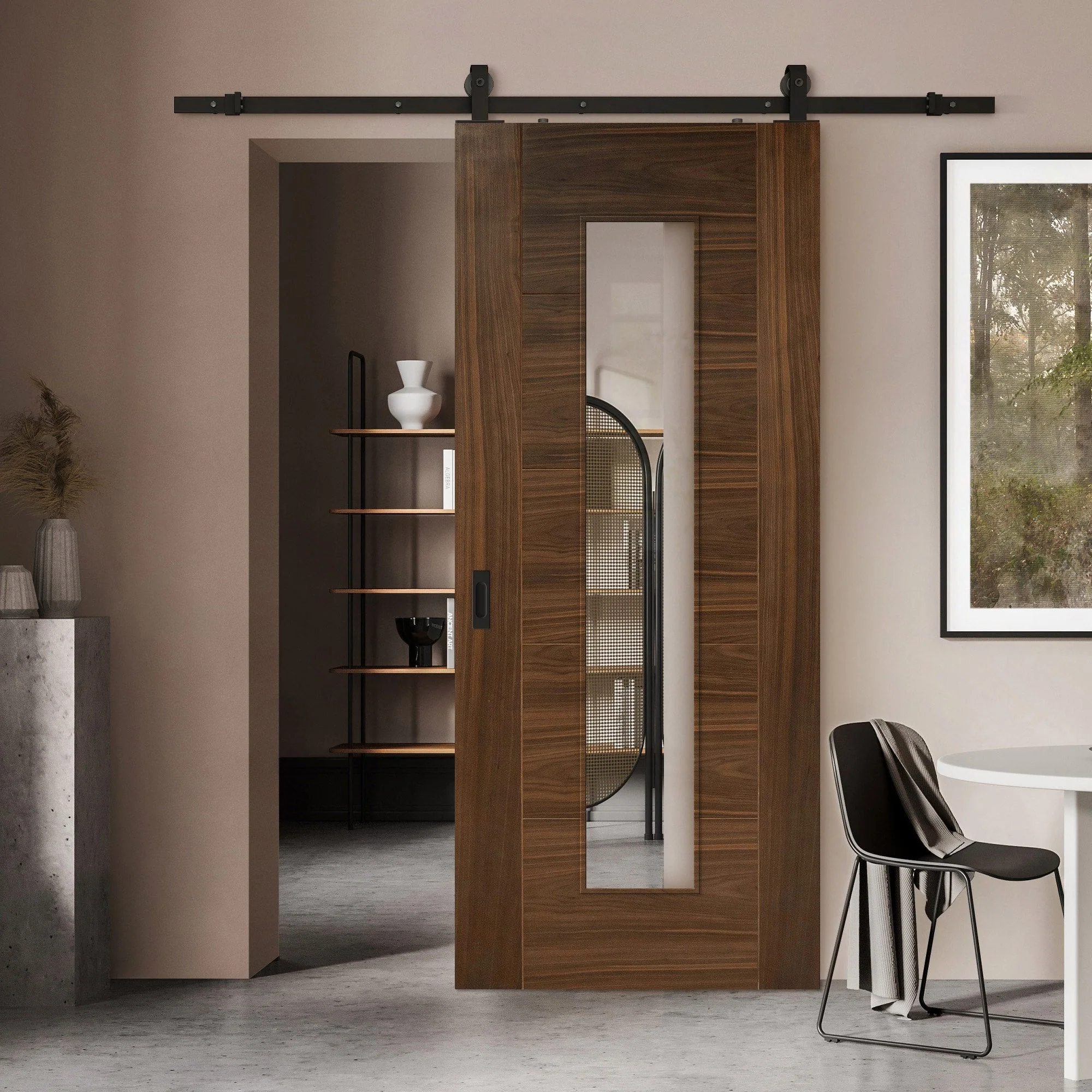 Walnut Internal Fully Finished Milano 1 Light Clear Glass Sliding Door - Black Top Mounted