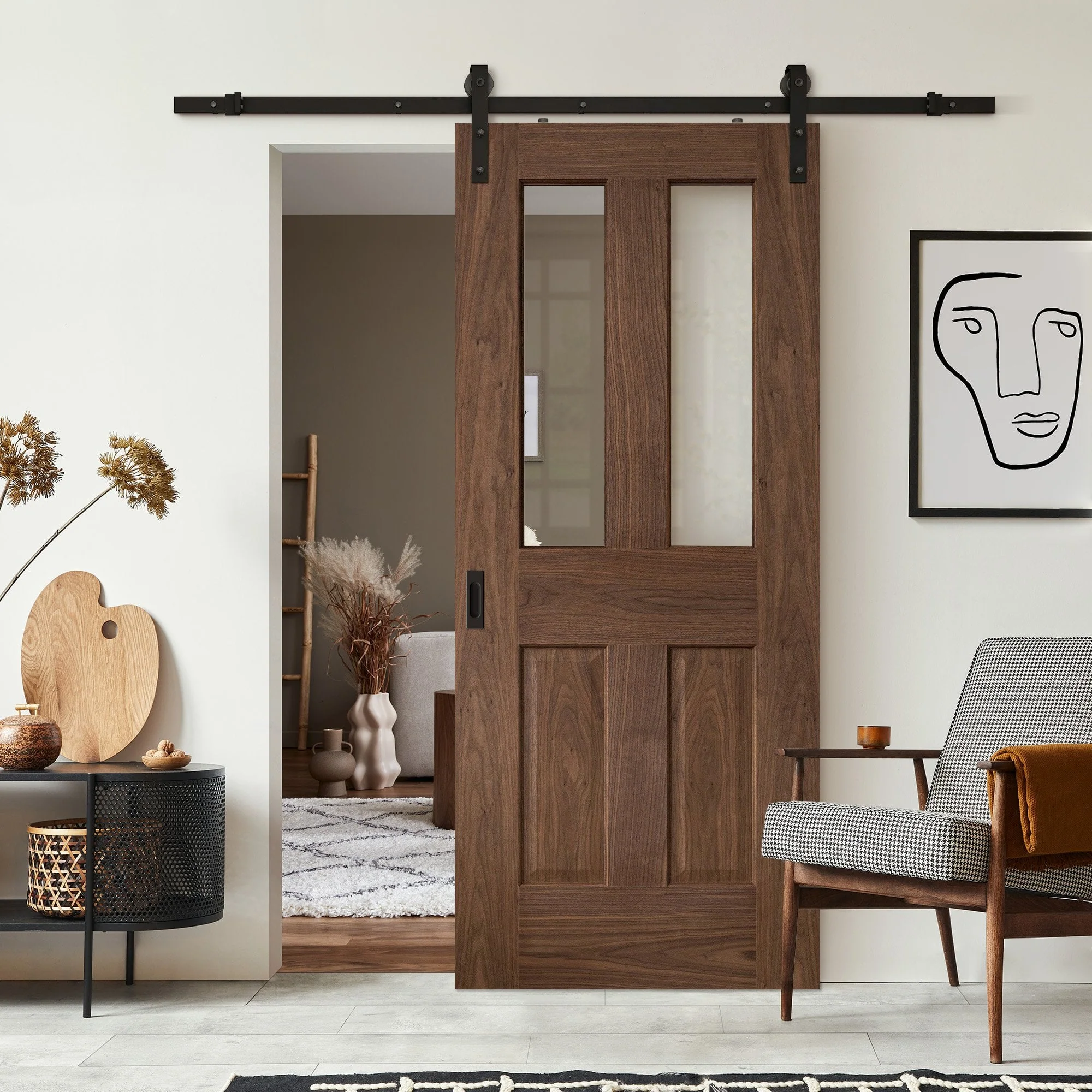 Walnut Internal Fully Finished Victorian 1 Light Sliding Door - Black Face Mounted