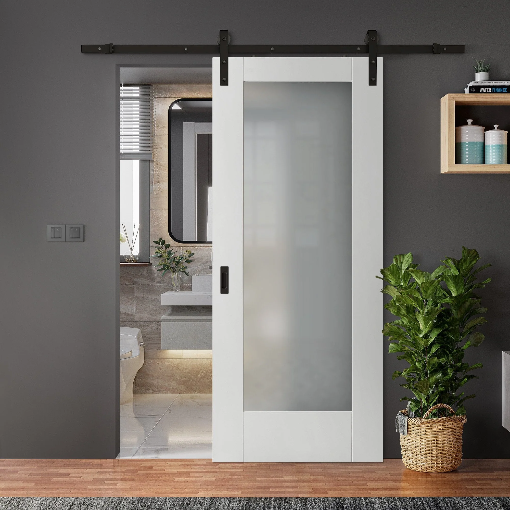 White Internal Primed Pattern 10 1 Light Obscure Glass Sliding Door - Black Face Mounted