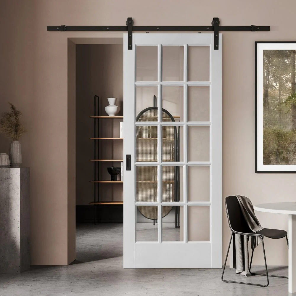 White Internal Primed SA 15L Clear Glass Sliding Door - Black Face Mounted