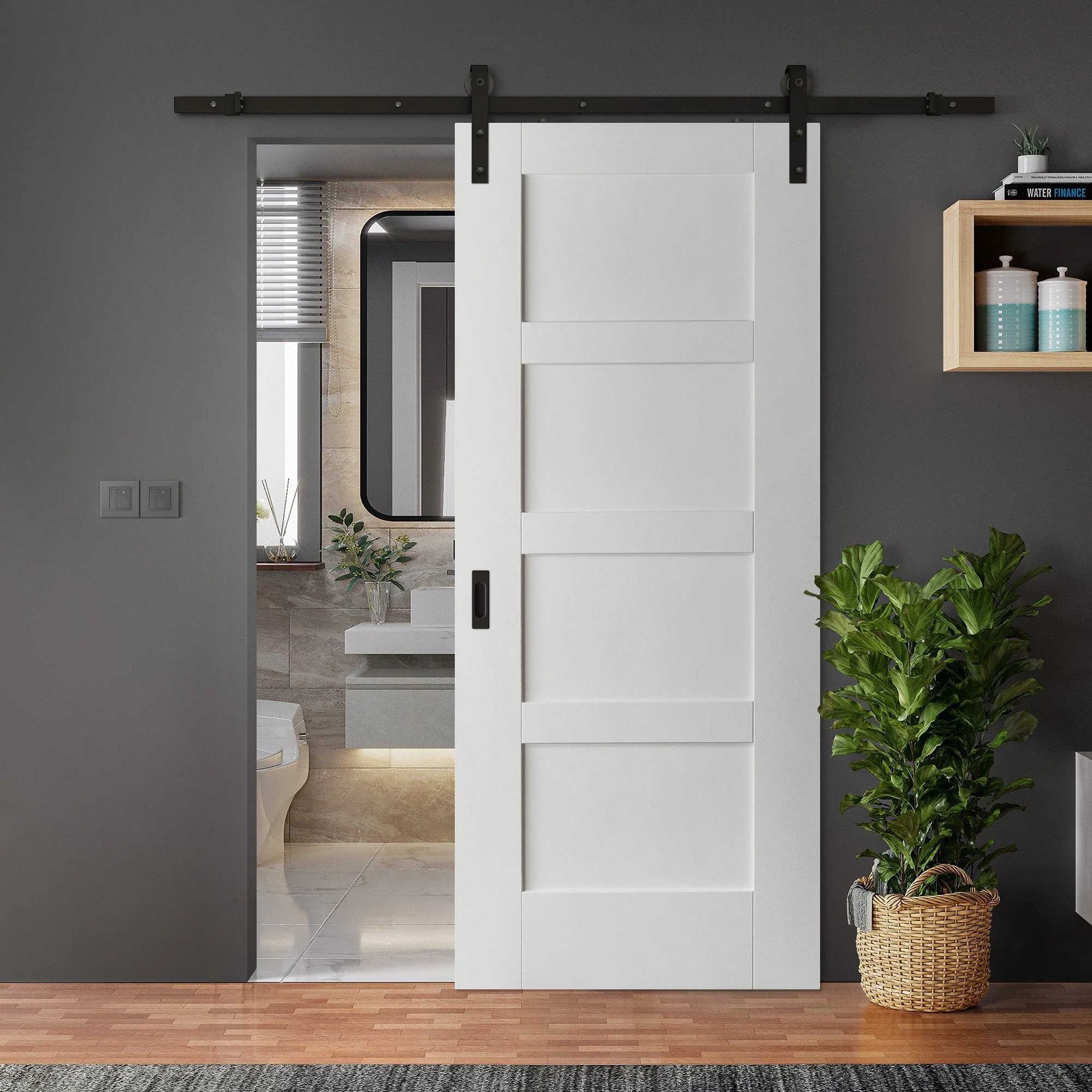 White Internal Primed Shaker 4 Panel Sliding Door - Black Face Mounted