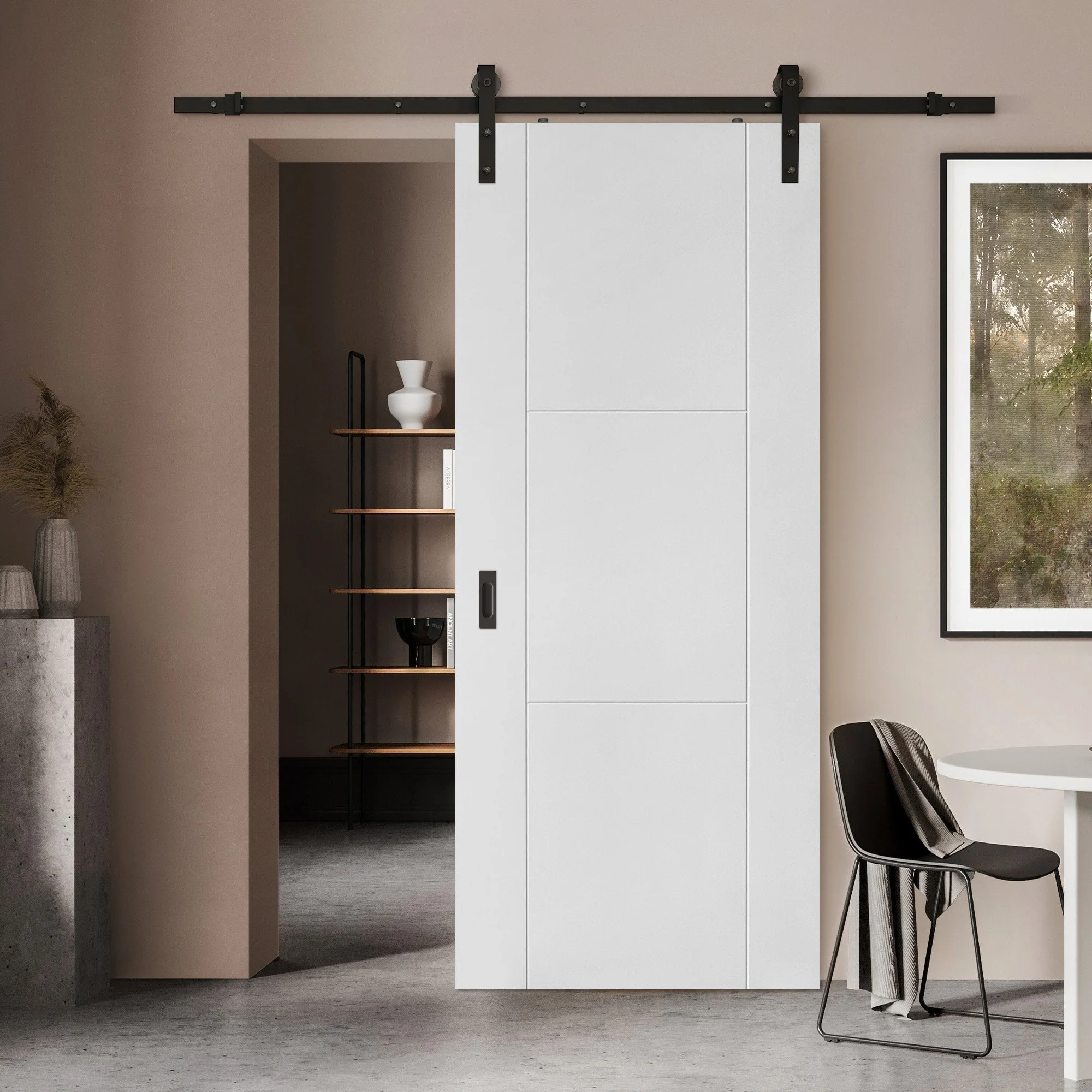 White Internal Primed Trent 3 Panel Sliding Door - Black Face Mounted