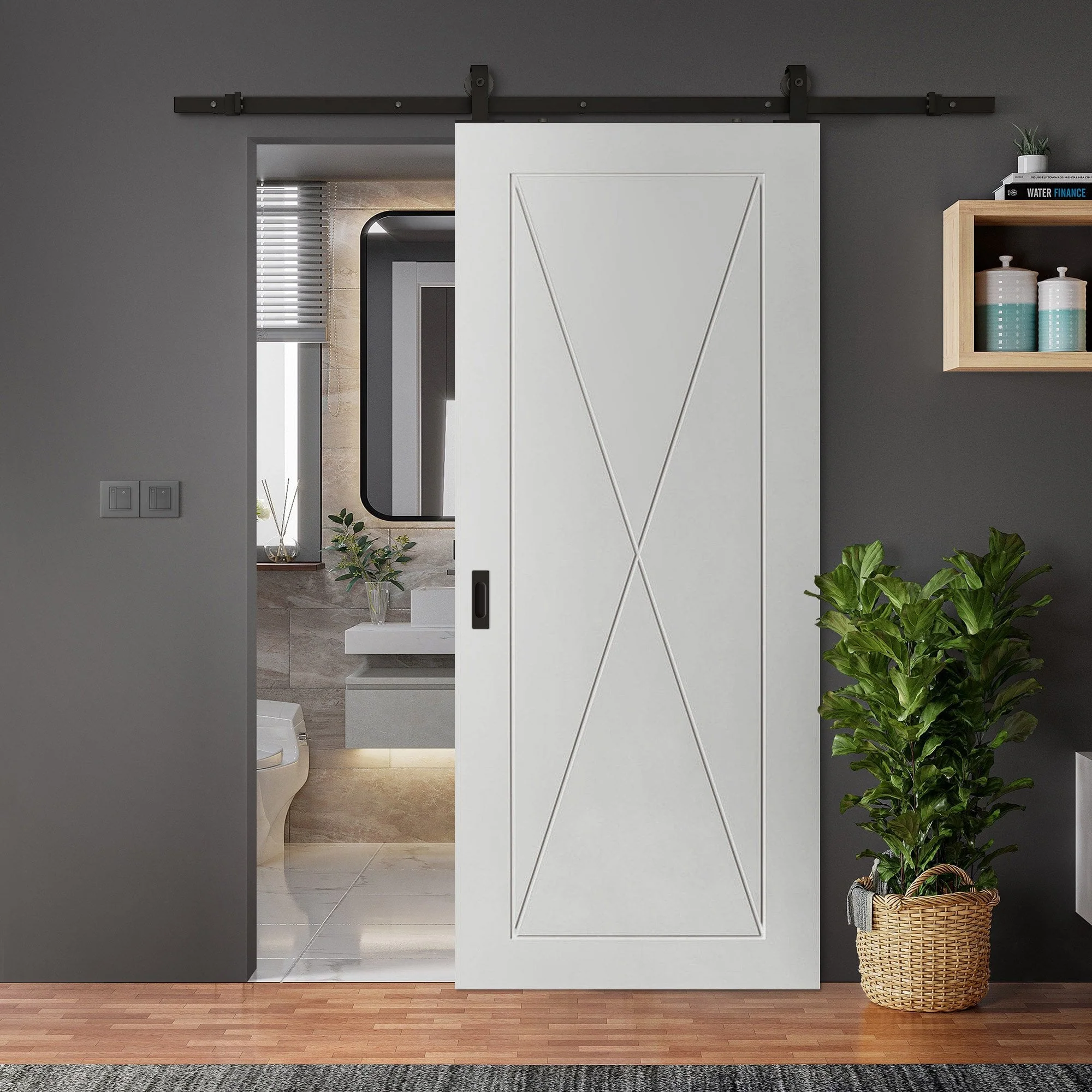 White Primed Internal Alexa 4 Panel Sliding Door - Black Top Mounted