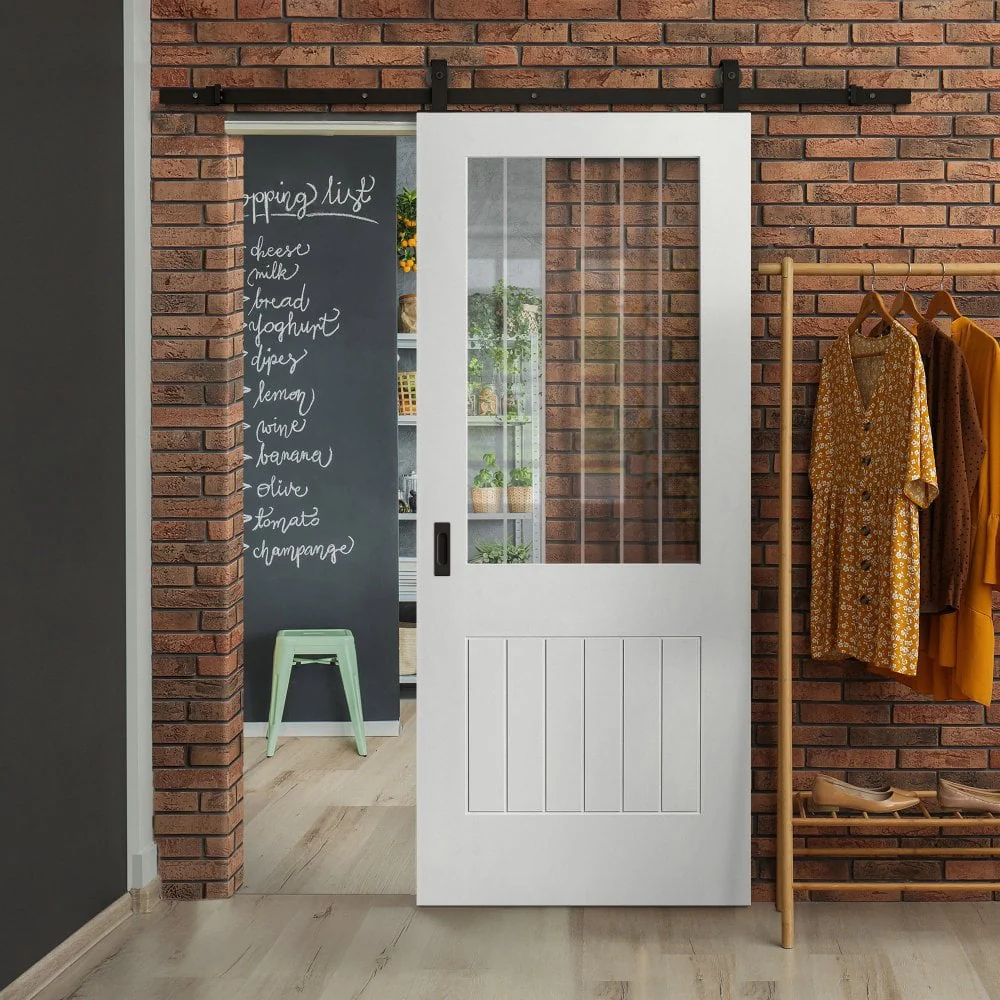 White Primed Internal Cottage 1 Light Etched Lined Clear Glass Sliding Door - Black Top Mounted