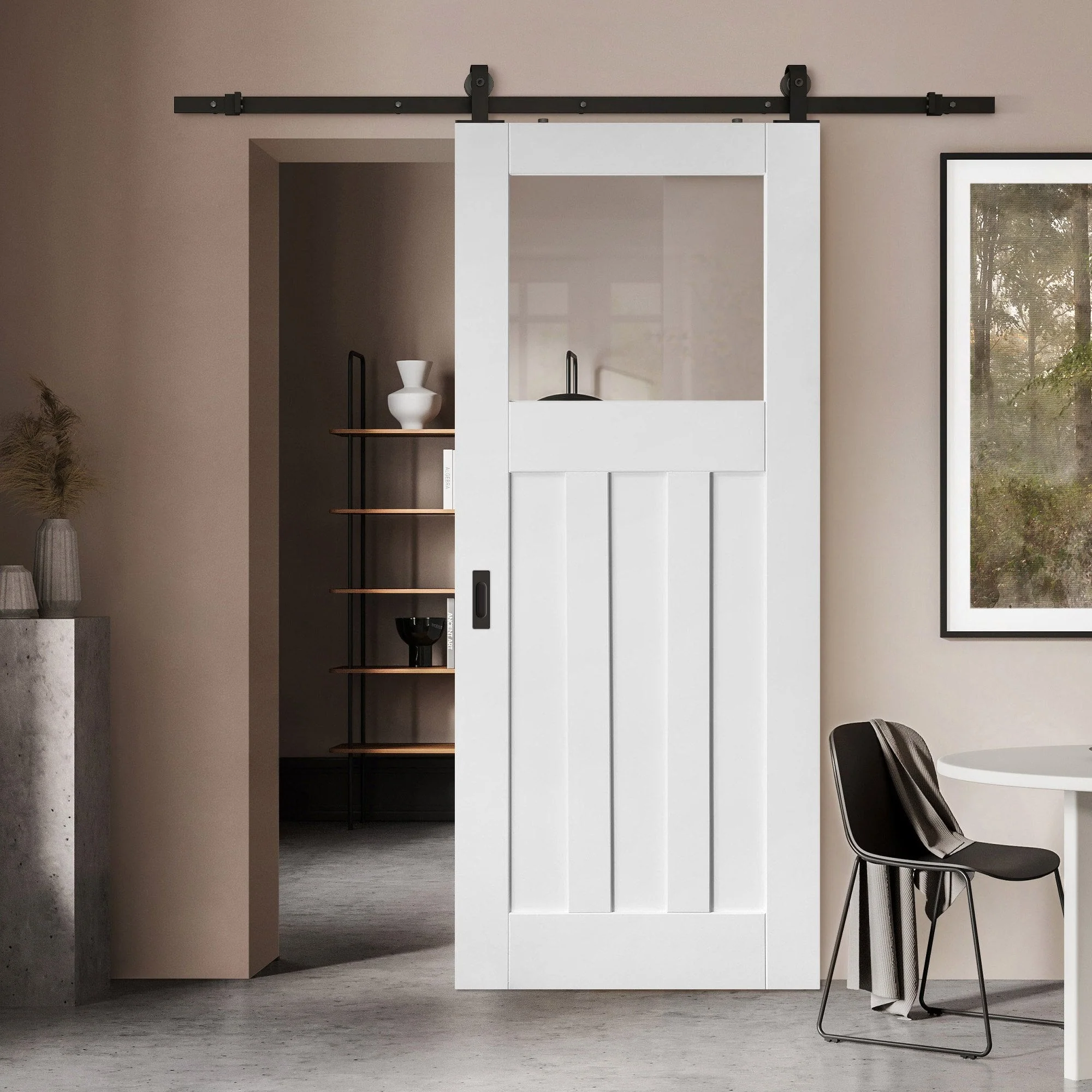 White Primed Internal DX 1930's Clear Glass Sliding Door - Black Top Mounted