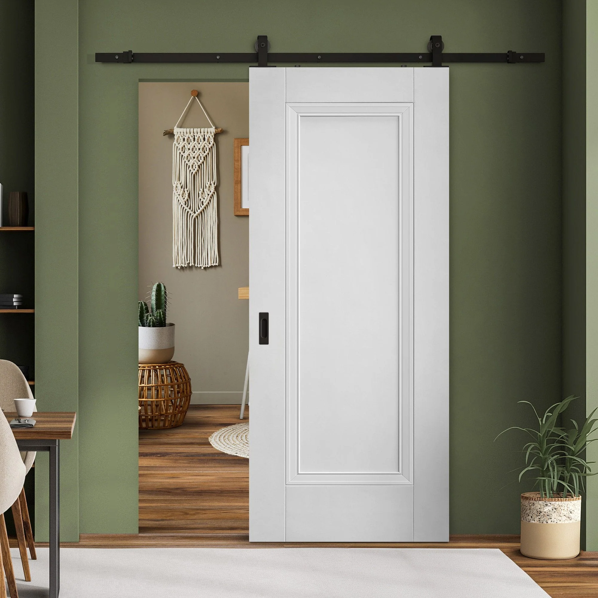 White Primed Internal Elegance Lancaster 1 Panel Sliding Door - Black Top Mounted