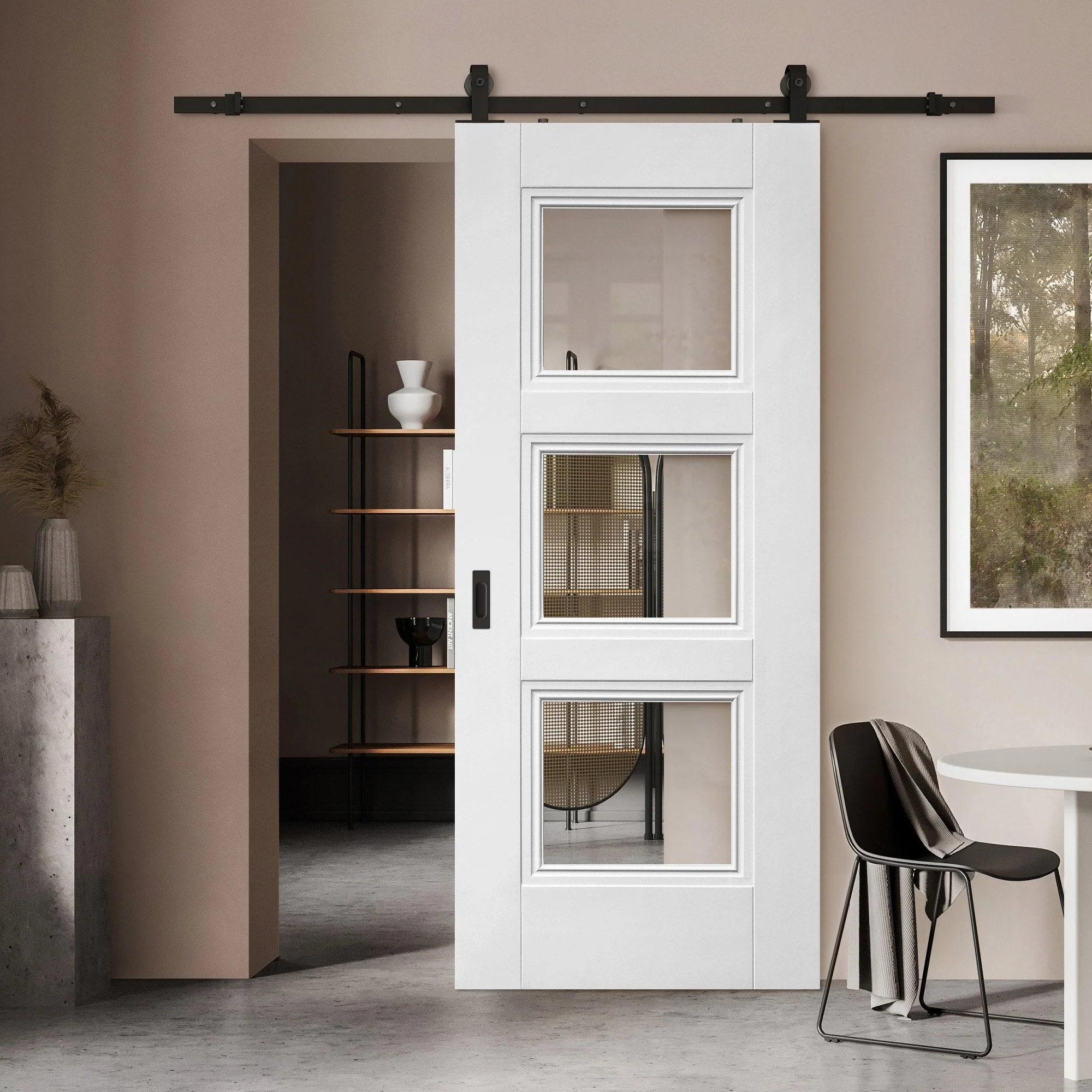 White Primed Internal Elegance Ripley 3 Light Clear Glass Sliding Door - Black Top Mounted