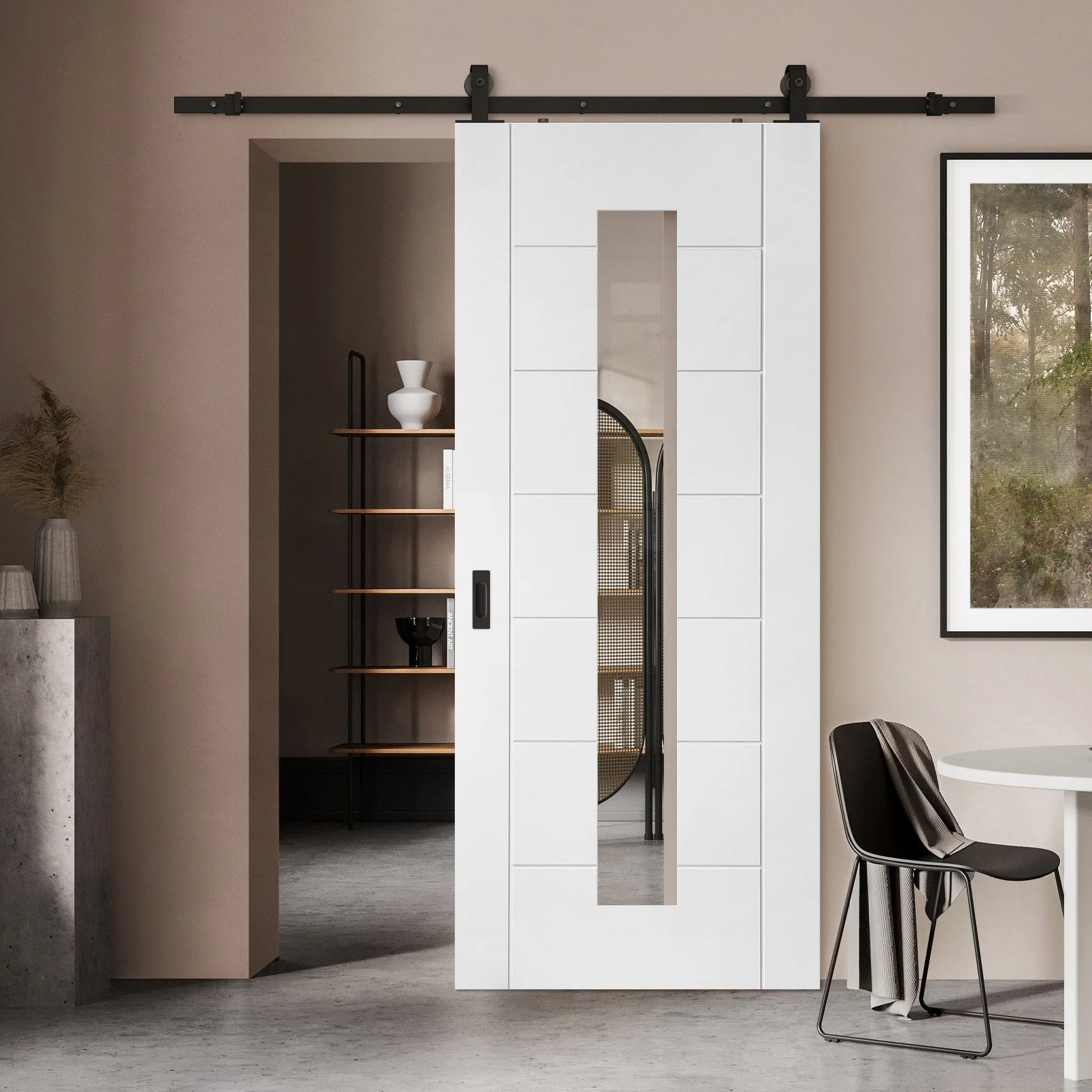 White Primed Internal Pedrena 7 Panel 1 Light Clear Glass Sliding Door - Black Top Mounted