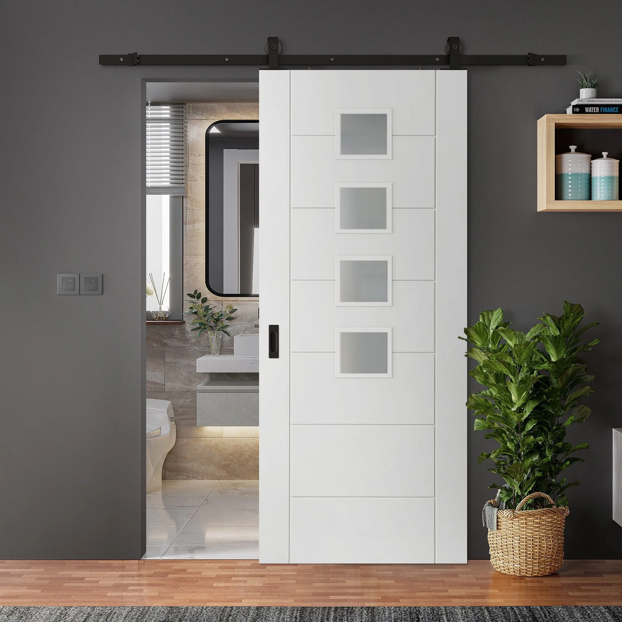 White Primed Internal Pedrena 7 Panel 4 Light Obscure Glass Sliding Door - Black Top Mounted