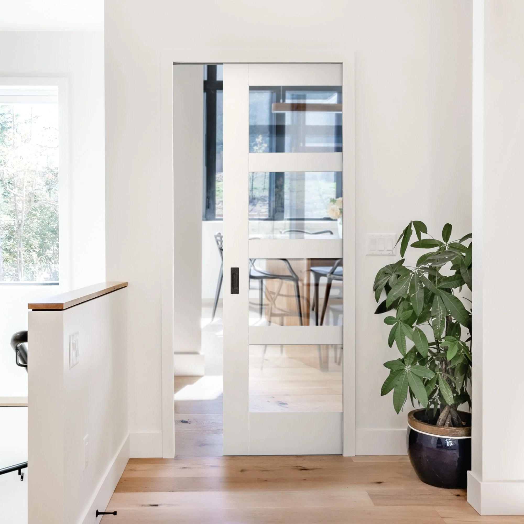 White Primed Internal Shaker 4 Light Clear Glass Framed 100mm Pocket Door Set