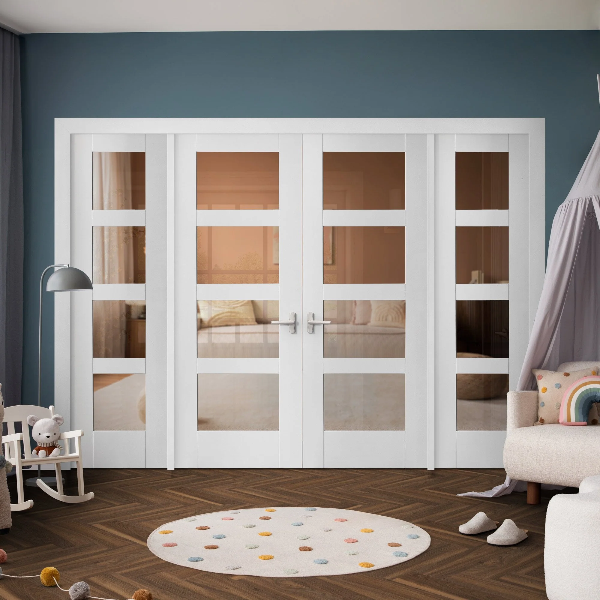 White Primed Internal Shaker 4L Clear Glass Sidelight Room Divider Set