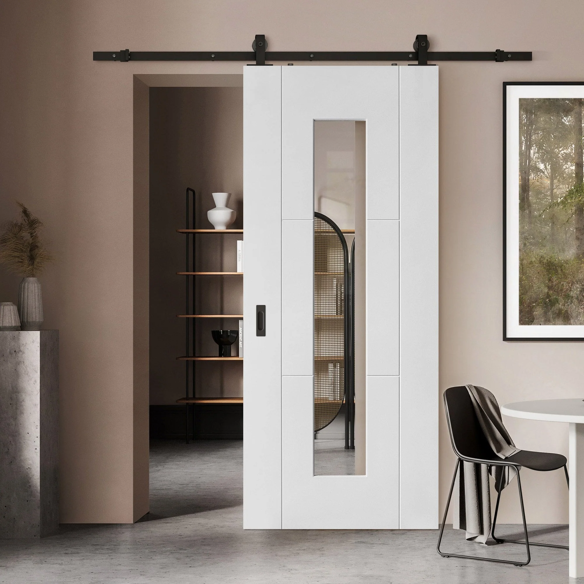 White Primed Internal Trent 3 Panel 1 Light Clear Glass Sliding Door - Black Top Mounted